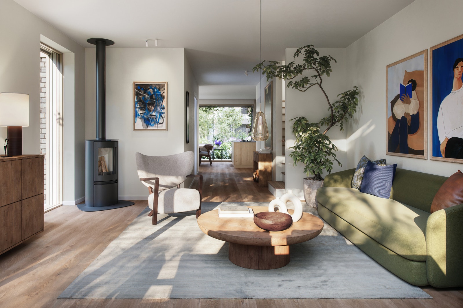 Boligene får sjenerøs takhøyde og ingen mørke kjellerarealer. Illustrasjon fra tomannsbolig. Galleribilde