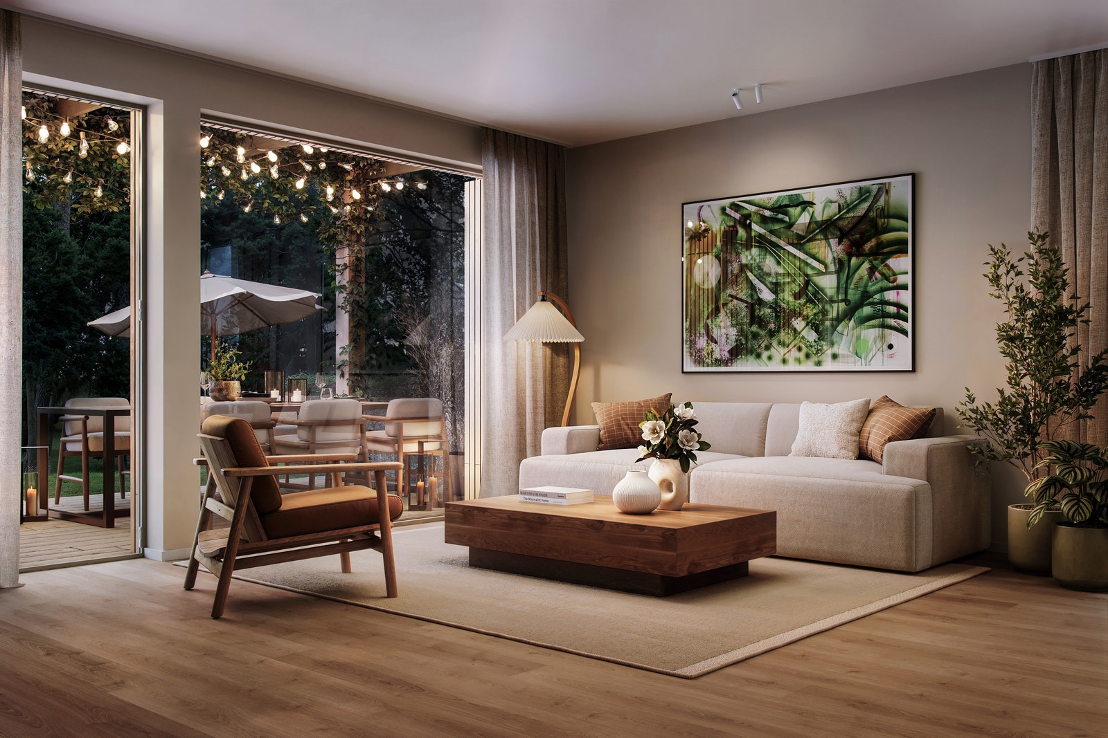 De fleste boligene har 2 stuer. Illustrasjon fra rekkehus over 2 plan. Galleribilde