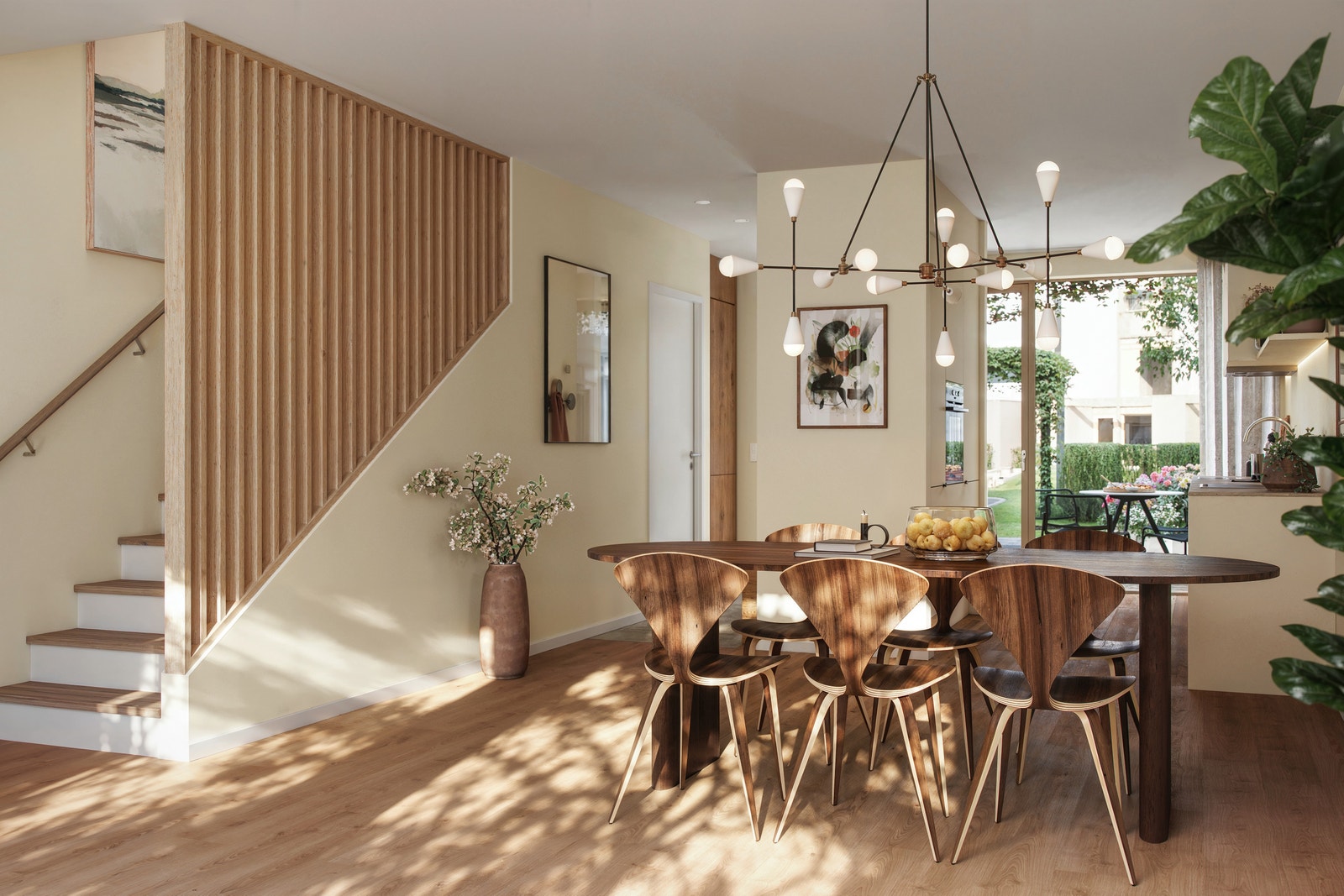 Tiltalende trapp mellom etasjene. Illustrasjon fra rekkehus over 3 plan. Galleribilde