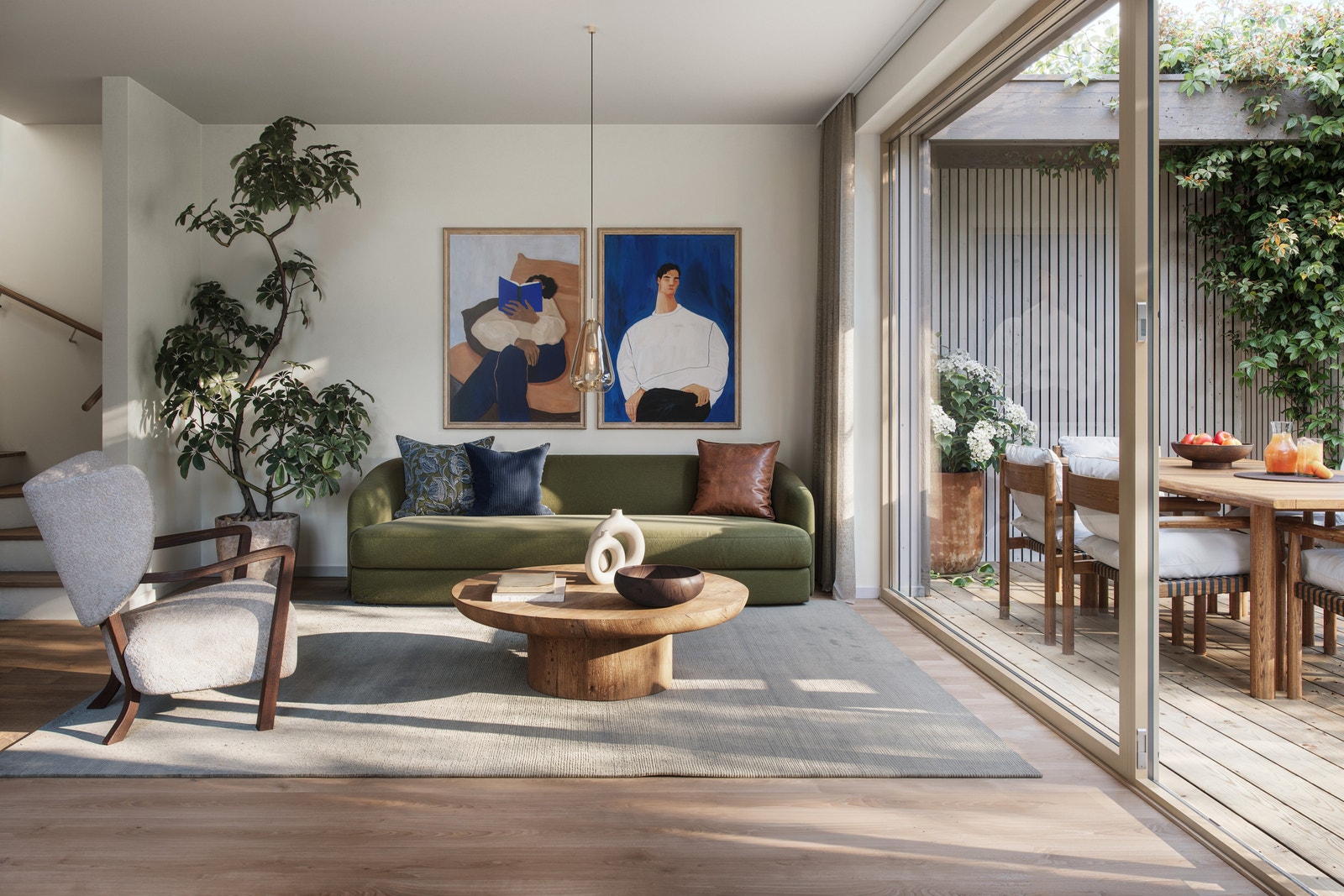 Boligene vil holde en solid standard. Enstavs eikeparkett og storformats fliser. Illustrasjon fra tomannsbolig. Galleribilde