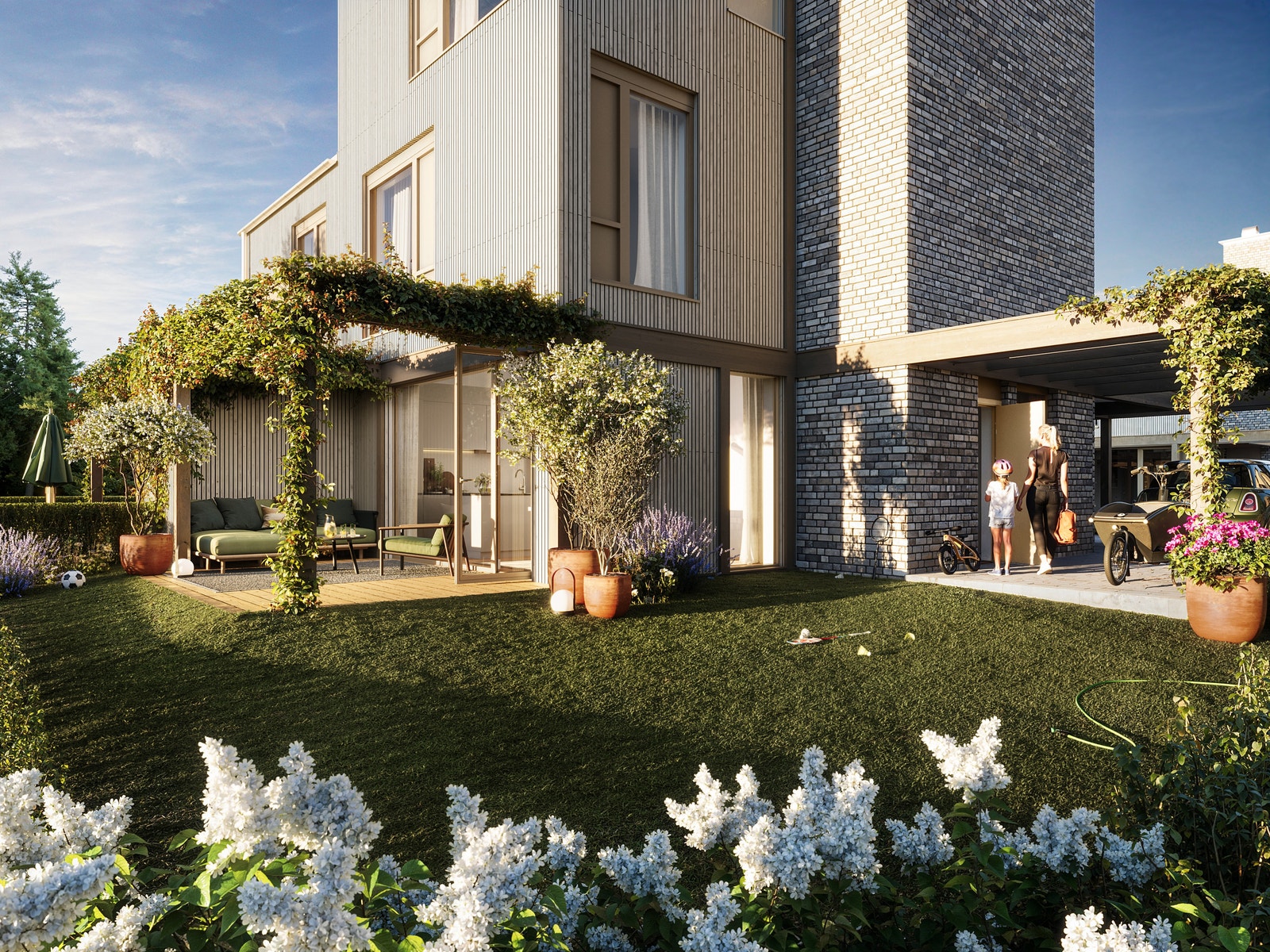 Solrike, private utearealer. Illustrasjon fra tomannsbolig. Galleribilde