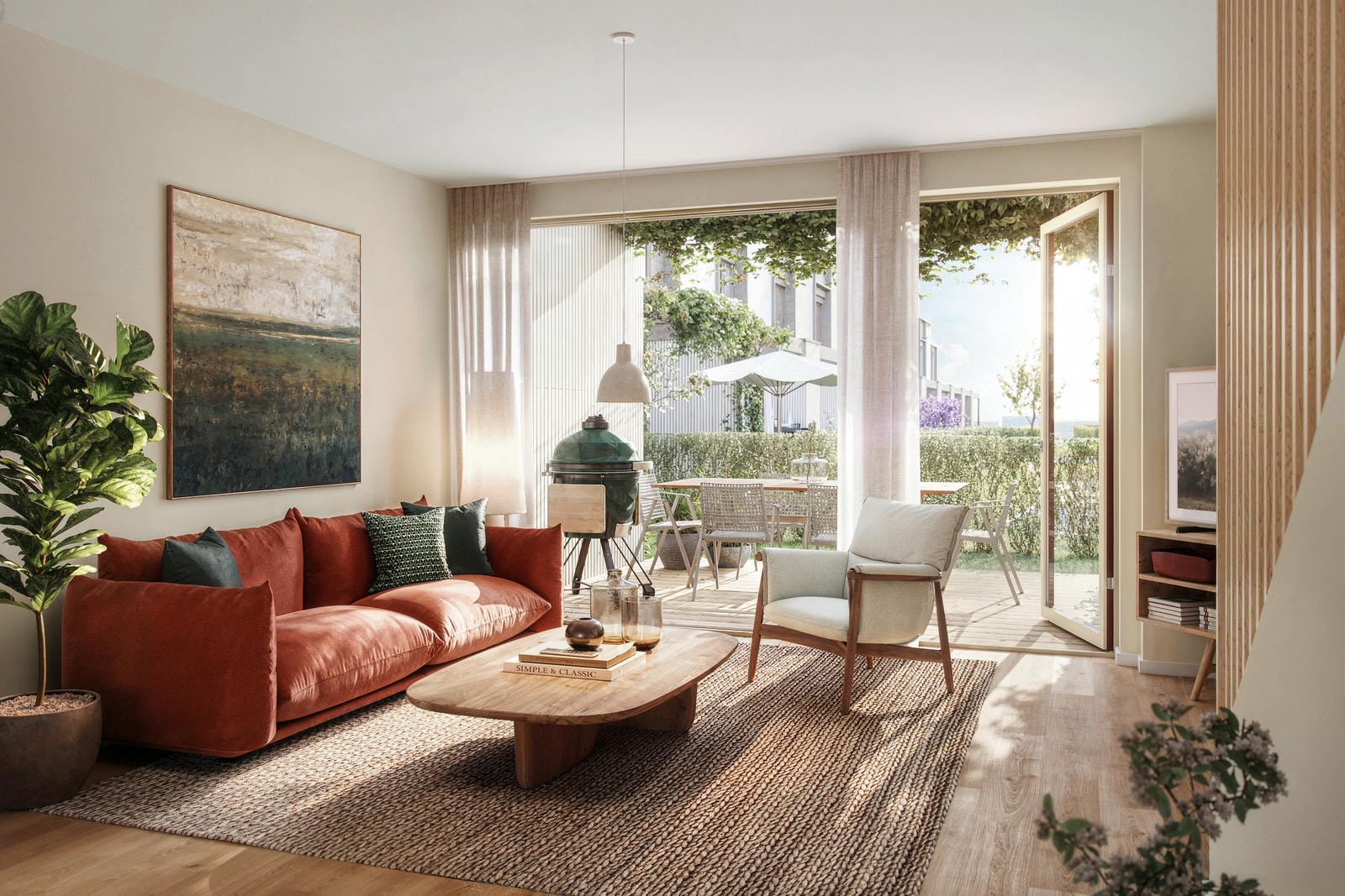 Stue med utgang til privat uteareal. Illustrasjon fra rekkehus over 3 plan. Galleribilde