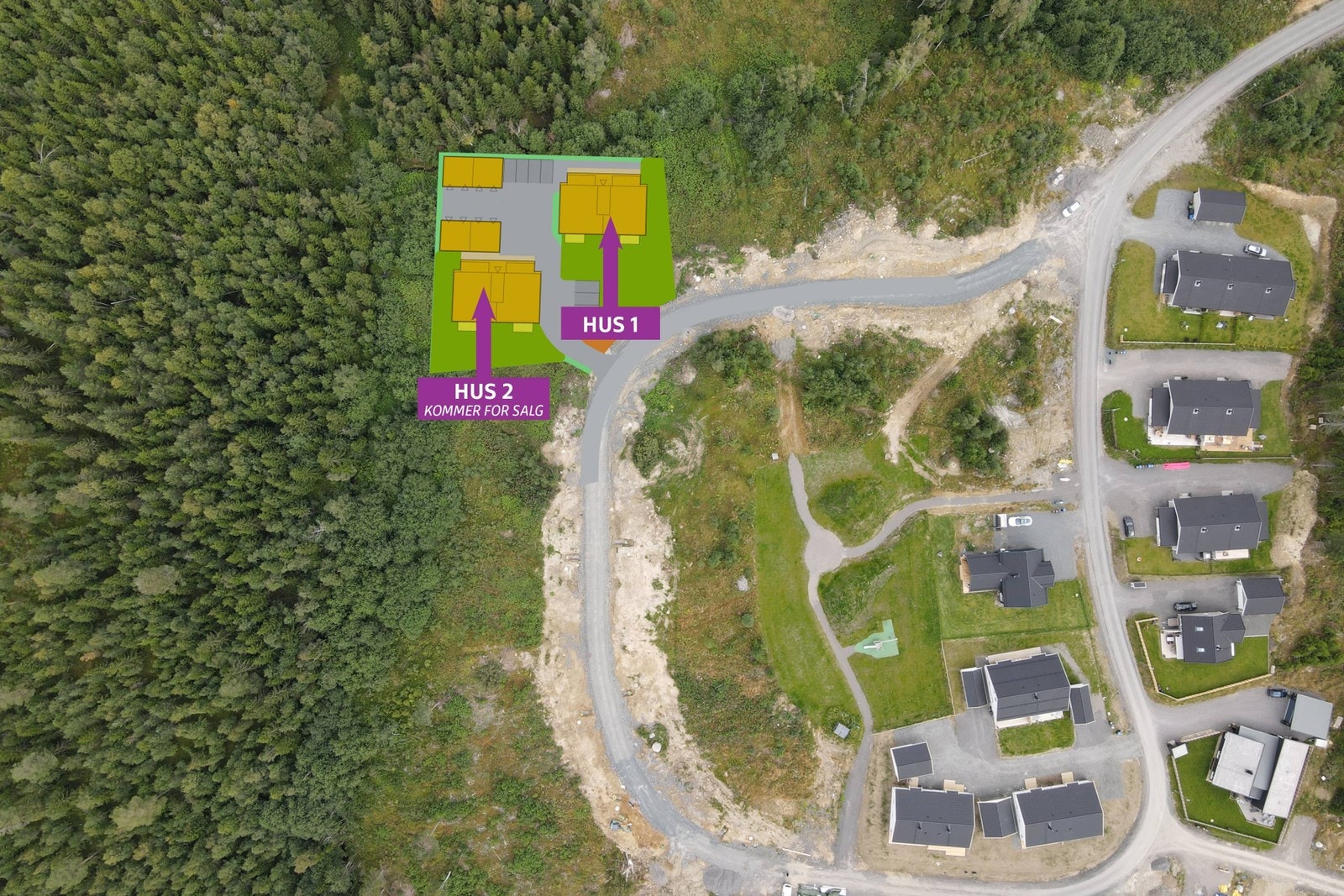 Situasjonsplan i dronebilde. Røstøvegen 41 er hus nummer 1. (avvik kan forekomme) Galleribilde