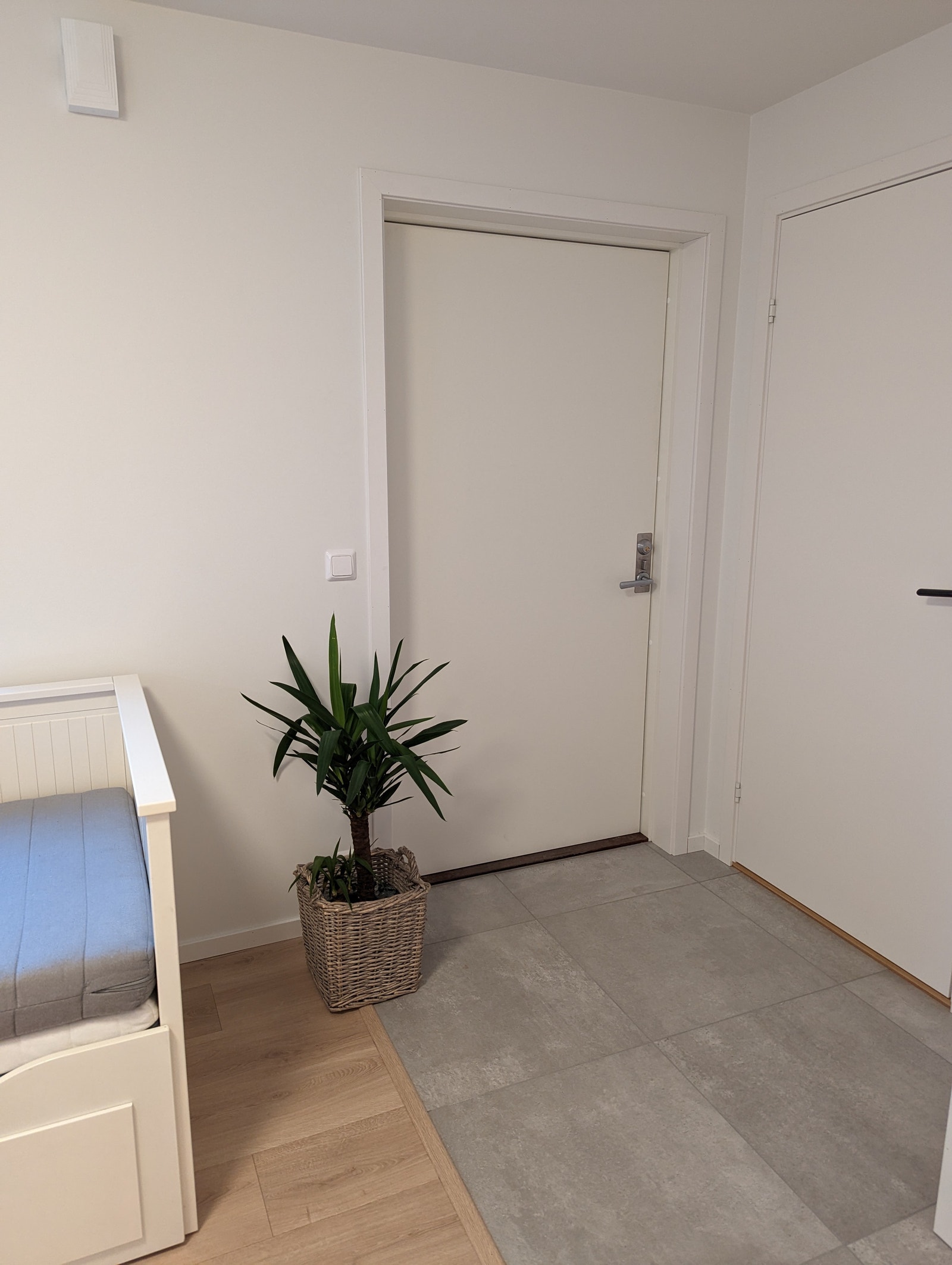 Gangen, slik det så ut da huset og leiligheten var nybygget høsten 2022. Galleribilde