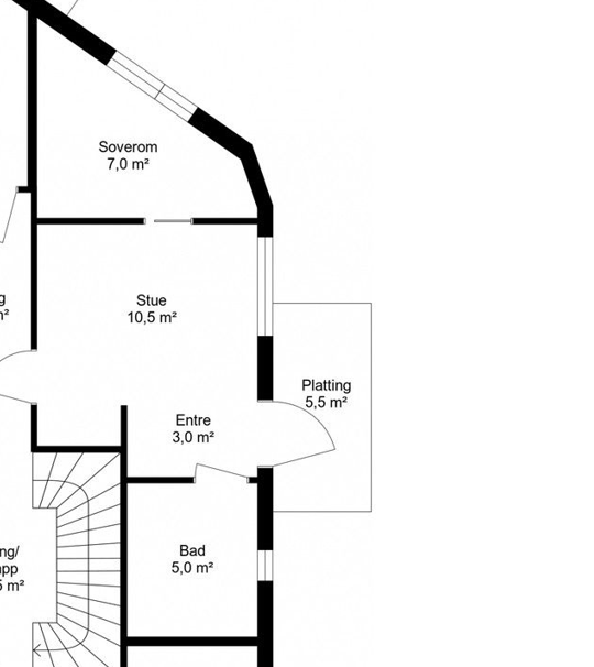 Planskisse av 1. etasje i huset, hvor leiligheten er. (Bilde er hentet fra denne boligannonsen: finn.no/345580758) Galleribilde