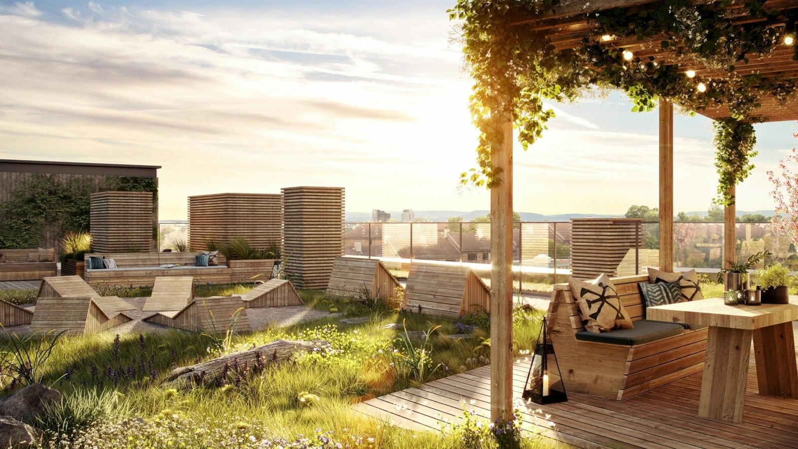 Illustrasjon av takterrasse på Vario. Fra leilighetsetasjen er det heis opp til takterrassen. Galleribilde