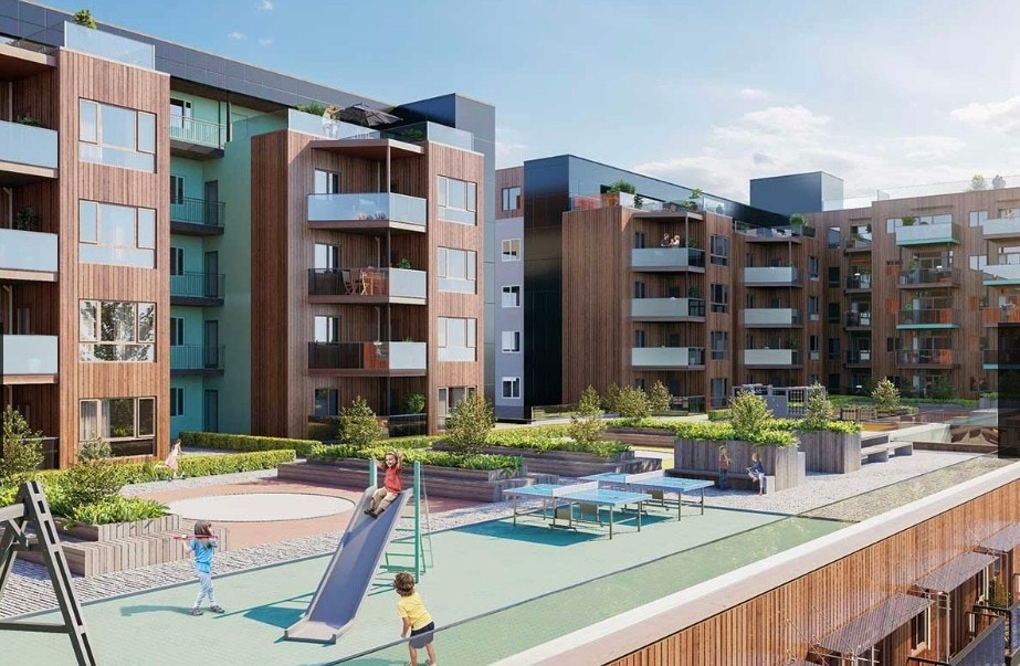 Illustrert bilde av felles uteområde - i tillegg til en stor felles takterrasse Galleribilde