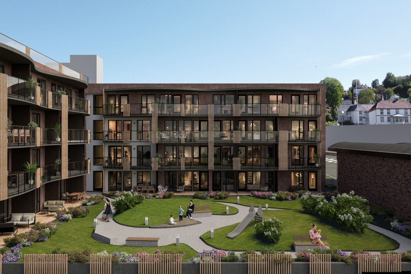 Det vil bli opparbeidet en lun bakhage for beboerne som vil oppleves som et stille og solrikt areal med kirkegårdens trær som avgrensning. Illustrasjon, avvik vil forekomme. Galleribilde