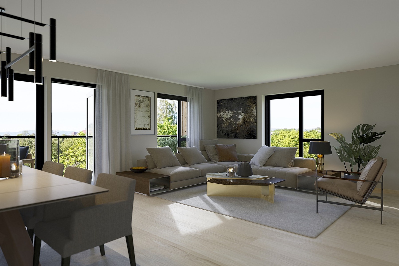 Leiligheten vil få en romslig og gjennomtenkt planløsning med flotte kvaliteter som store vindusflater, 1-stavs hvitlasert eikeparkett og vannbåren gulvvarme. Illustrasjon, avvik vil forekomme. Galleribilde