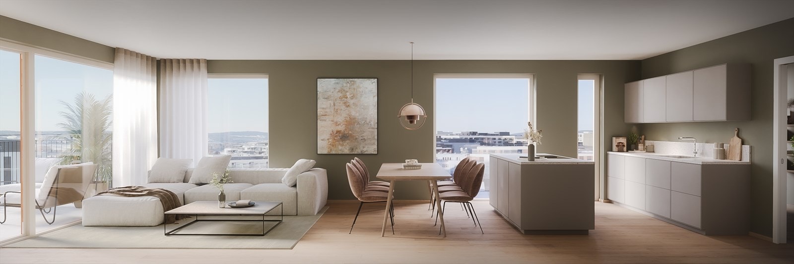 4-roms topp- og hjørneleilighet med både privat takterrasse og vestvendt balkong, mulighet for hybel, 2 bad og stor mastersuite. Her er leilighet H0505 (lik leilighet) i Bygg D illustrert. Illustrasjonsbilde - kan avvike fra standardleveranse. Galleribilde