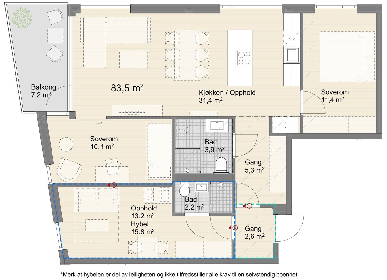 Denne leiligheten passer utmerket for hybel og dermed gode leieinntekter. Hybelen har bad og minikjøkken, og veggen mot leiligheten er ekstra lydisolert for mer privatliv. Galleribilde