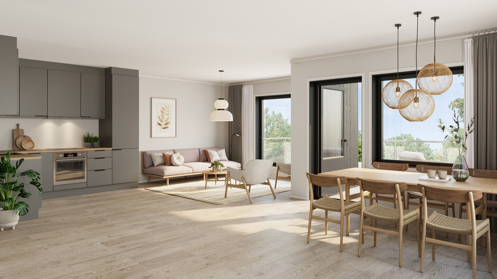 Interiørillustrasjon 4-roms leiligheter. Bildet inneholder elementer som vil avvike fra faktisk leveranse. Galleribilde