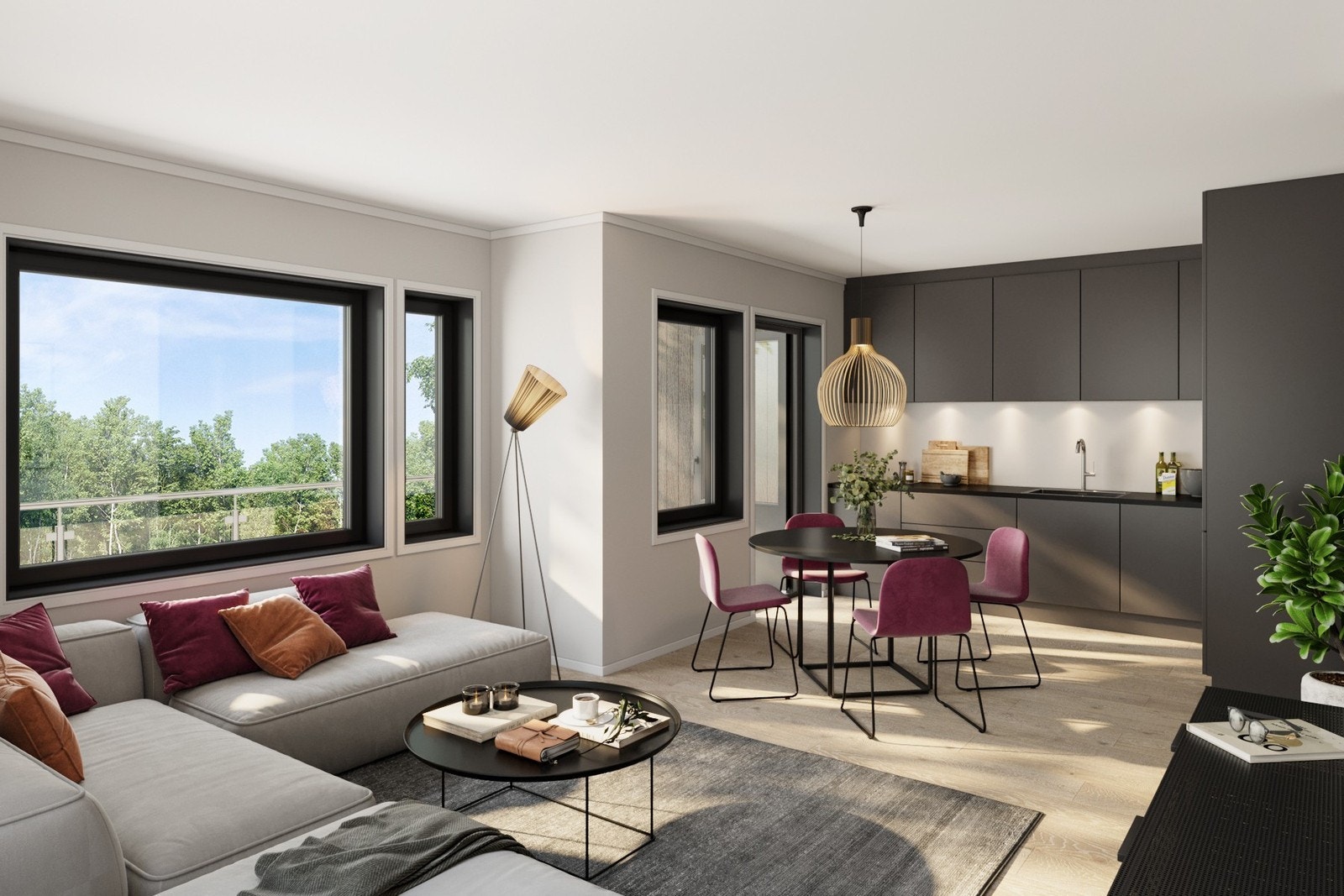 Interiørillustrasjon 3-roms leiligheter. Bildet inneholder elementer som vil avvike fra faktisk leveranse. Galleribilde