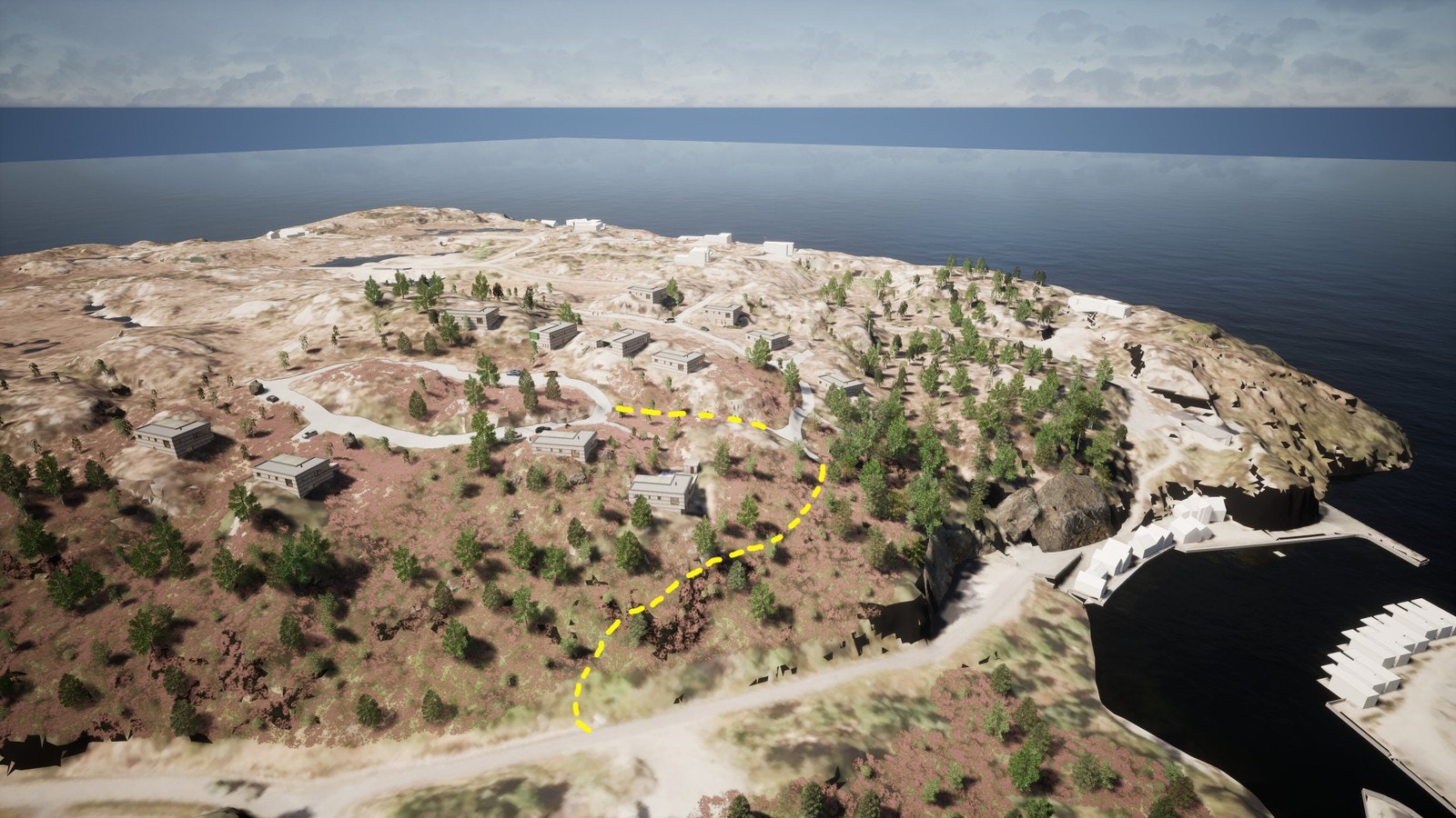 Sti frå feltet og ned til sjøen med mulig båtplass og naust. Illustrasjonfoto Galleribilde