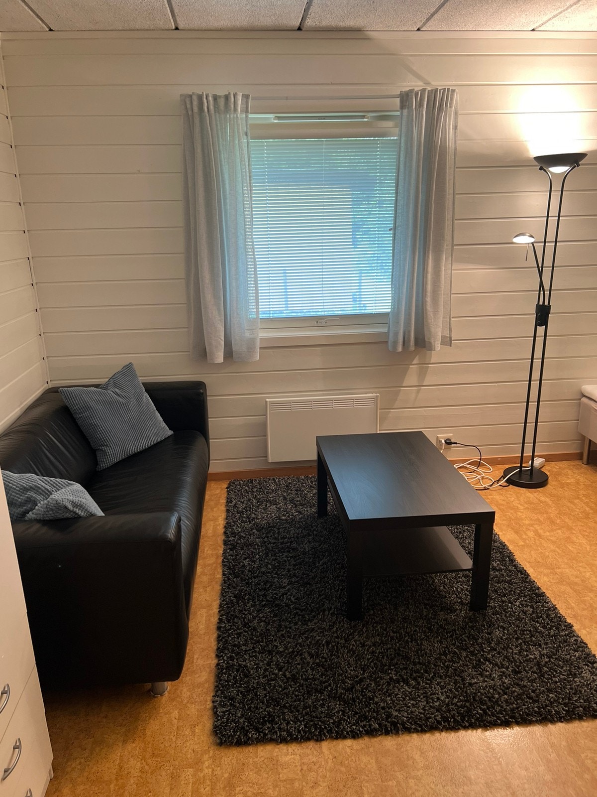 Utleid. Hybel nr. 3. 16,5 kvm. Sofa, bord, vindu med persienner og gardiner. Galleribilde