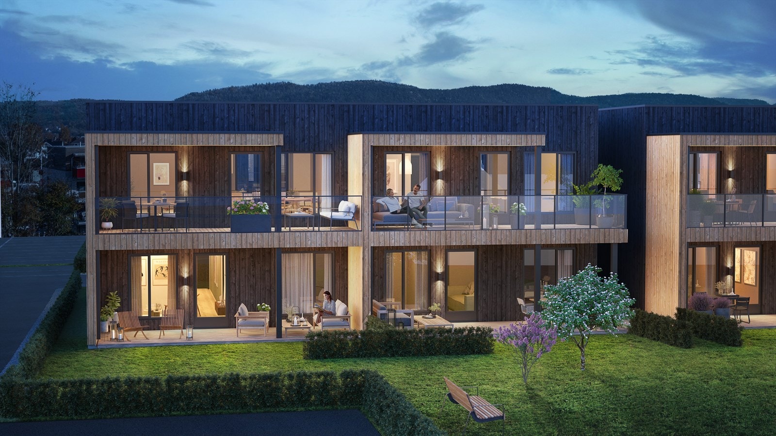 Flere solrike uteplasser optimaliserer mulighetene for å nyte både for- og ettermiddagssol. I forlengelsen av markterrassen får hver bolig eksklusiv bruksrett til plenareal. Galleribilde