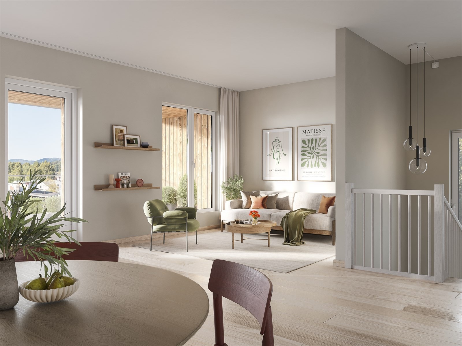 Gjennomgående stue- og kjøkkenløsning med store vindusflater og balkong/terrasse på hver side. Vannbåren varme gir økt komfort. Direkte utgang til vestvendt balkong. Illustrasjon stue Plassen 13-27. Galleribilde