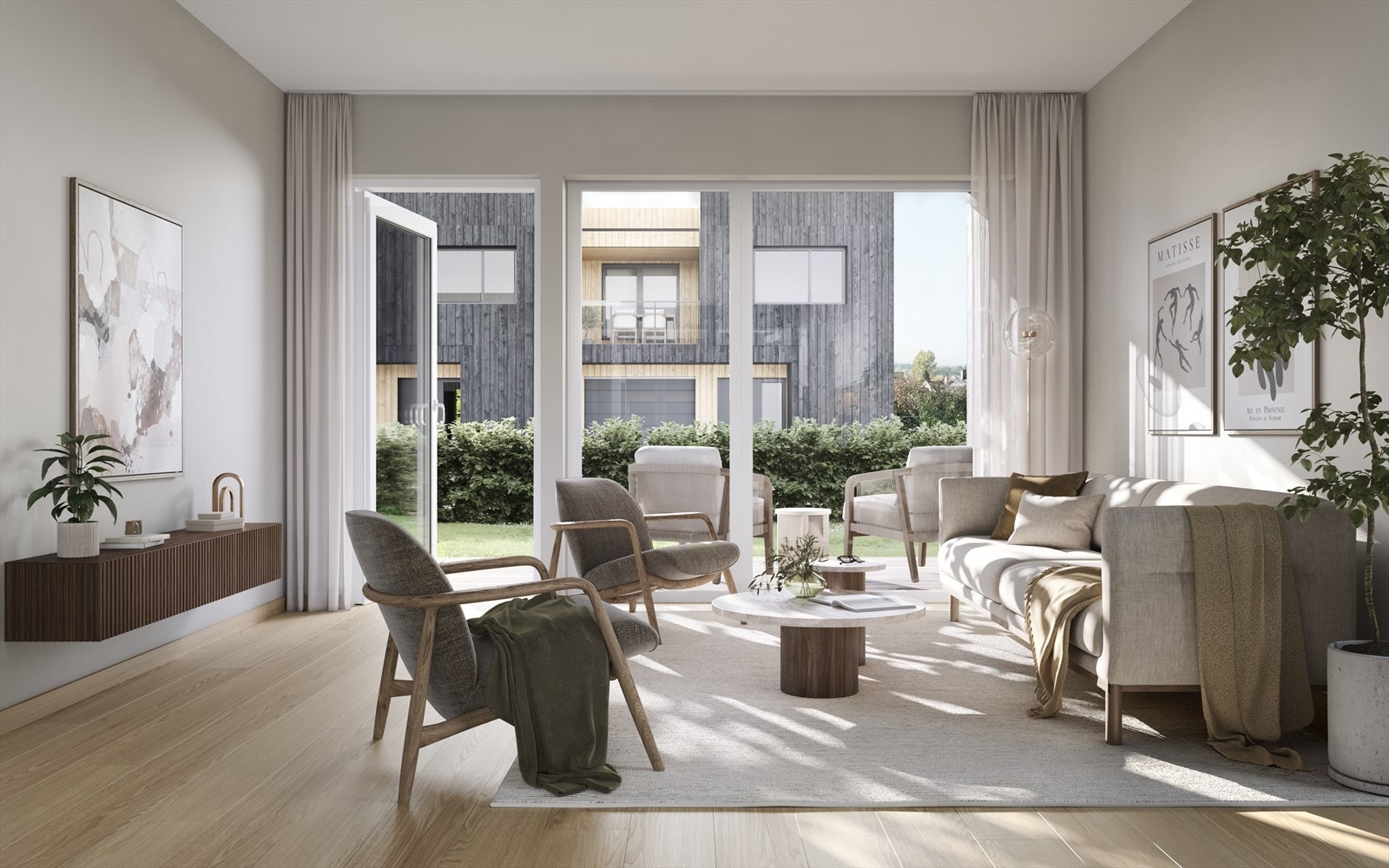 Direkte utgang til terrasse. Illustrasjon stue Plassen 9B. Galleribilde