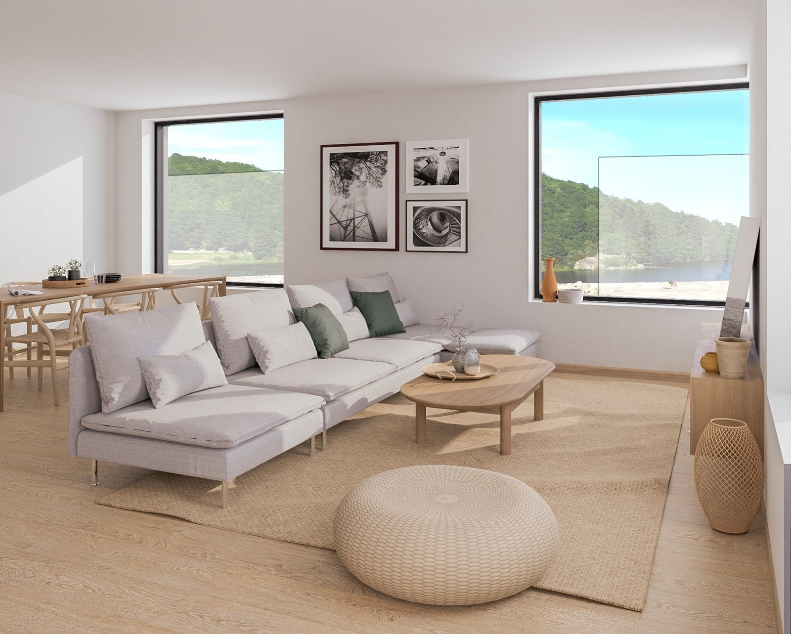 Lys og trivelig stue. De grå feltene illustrerer området hvor andre boliger foran vil påvirke utsikten. Galleribilde