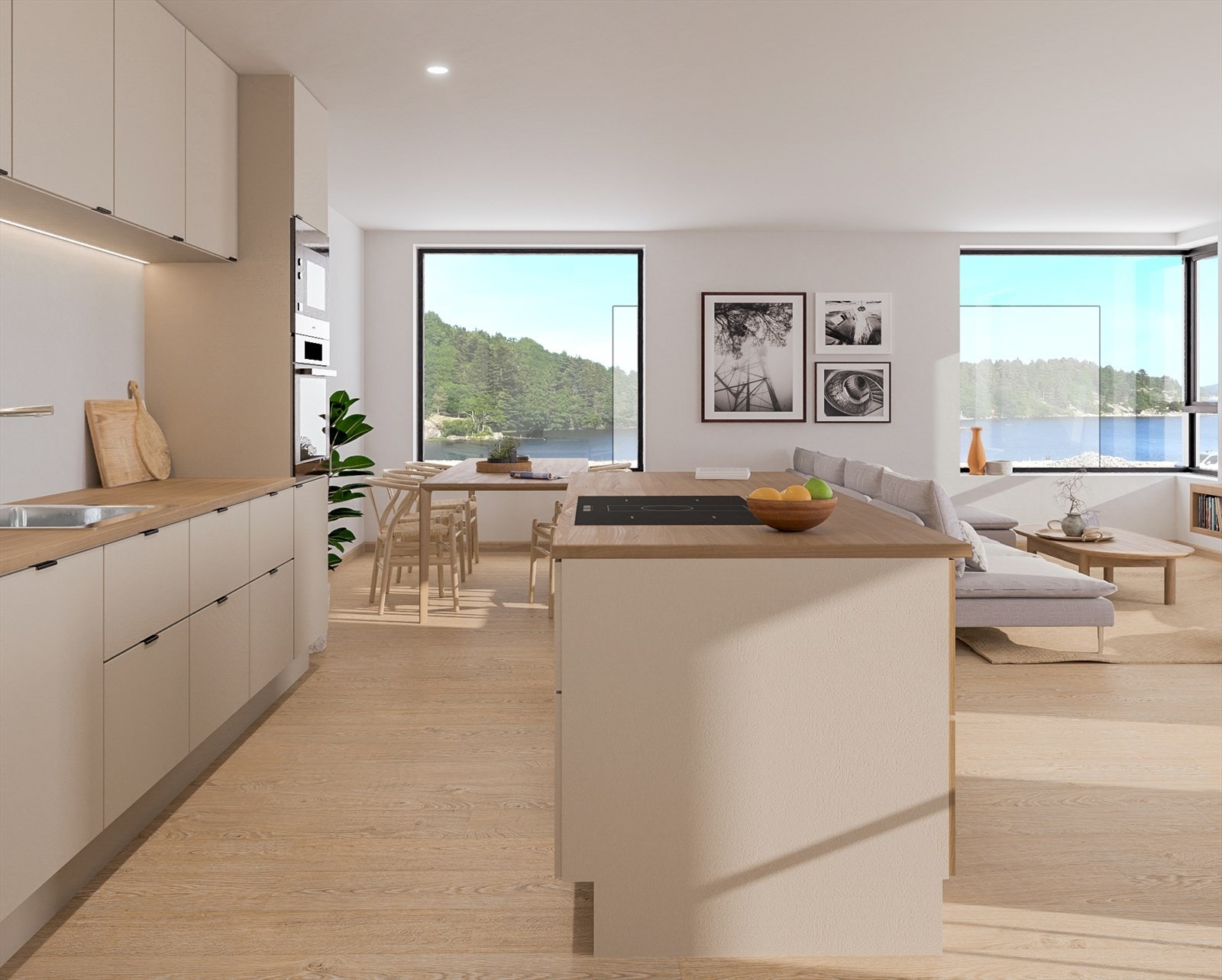 Kjøkken med åpen løsning. Praktisk øy med god benkeplass som også gir et fint skille mot stuen. Galleribilde