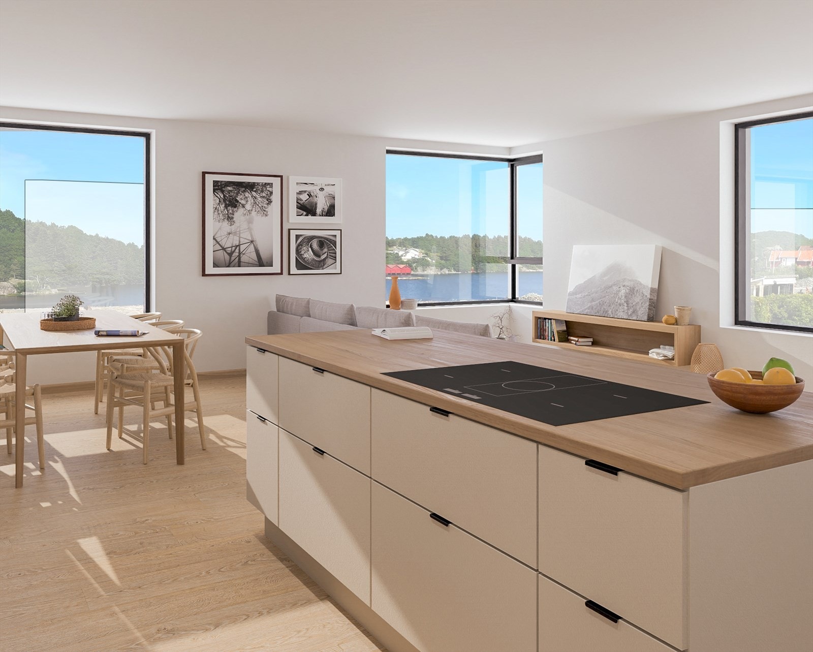 Stue/kjøkken. Det er god kvalitet på alt av gulv, overflater og innredninger. Galleribilde