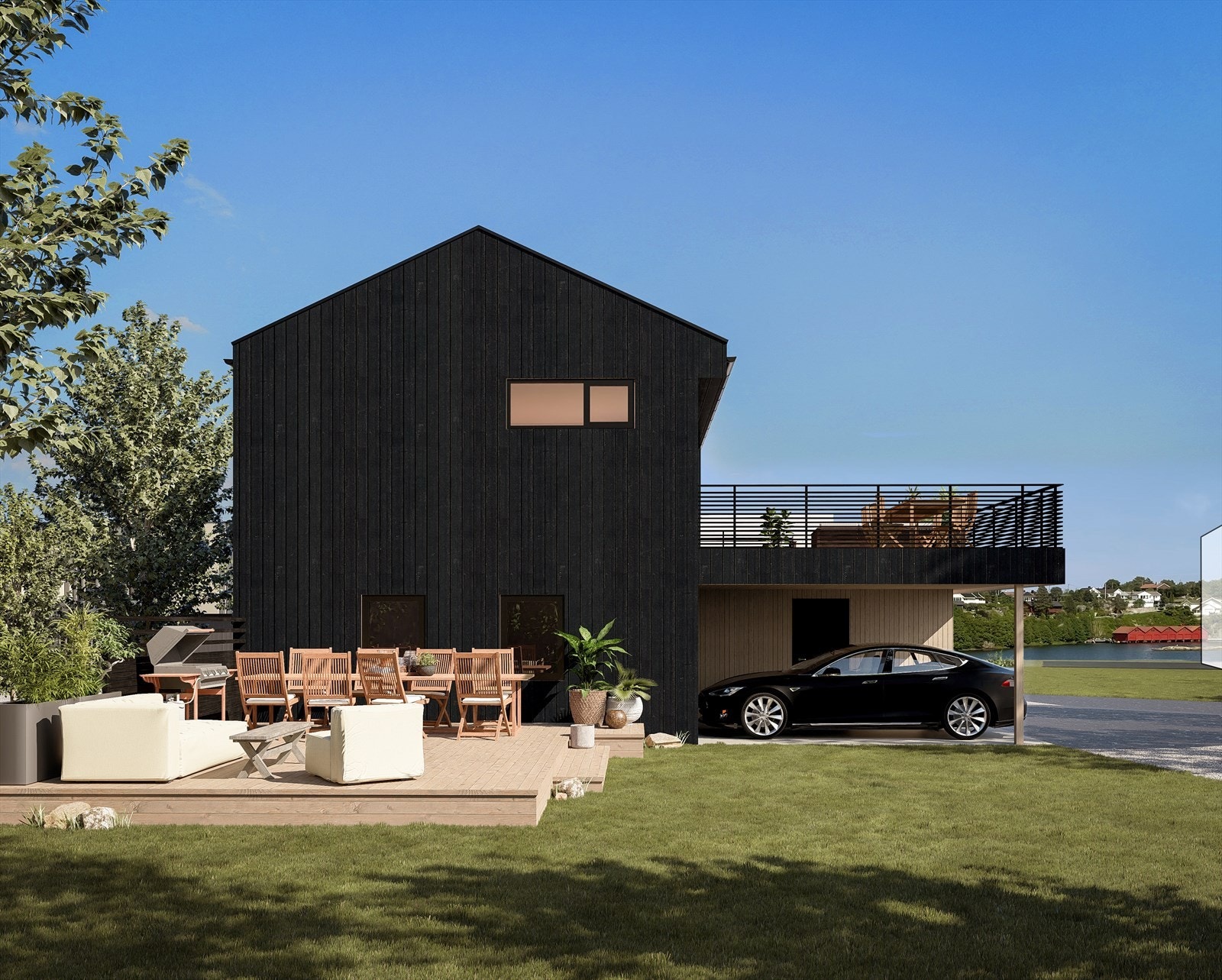 Fasade mot vest. Tomten blir tilsådd med plen og det blir anlagt terrasse. Galleribilde