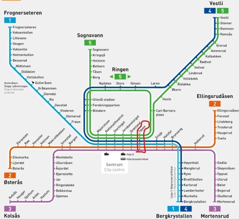 Tøyen T-Bane - Her går alle t-bane linjer (Kun 2 min til sentrum/Jernbanetorget og Oslo S) Galleribilde