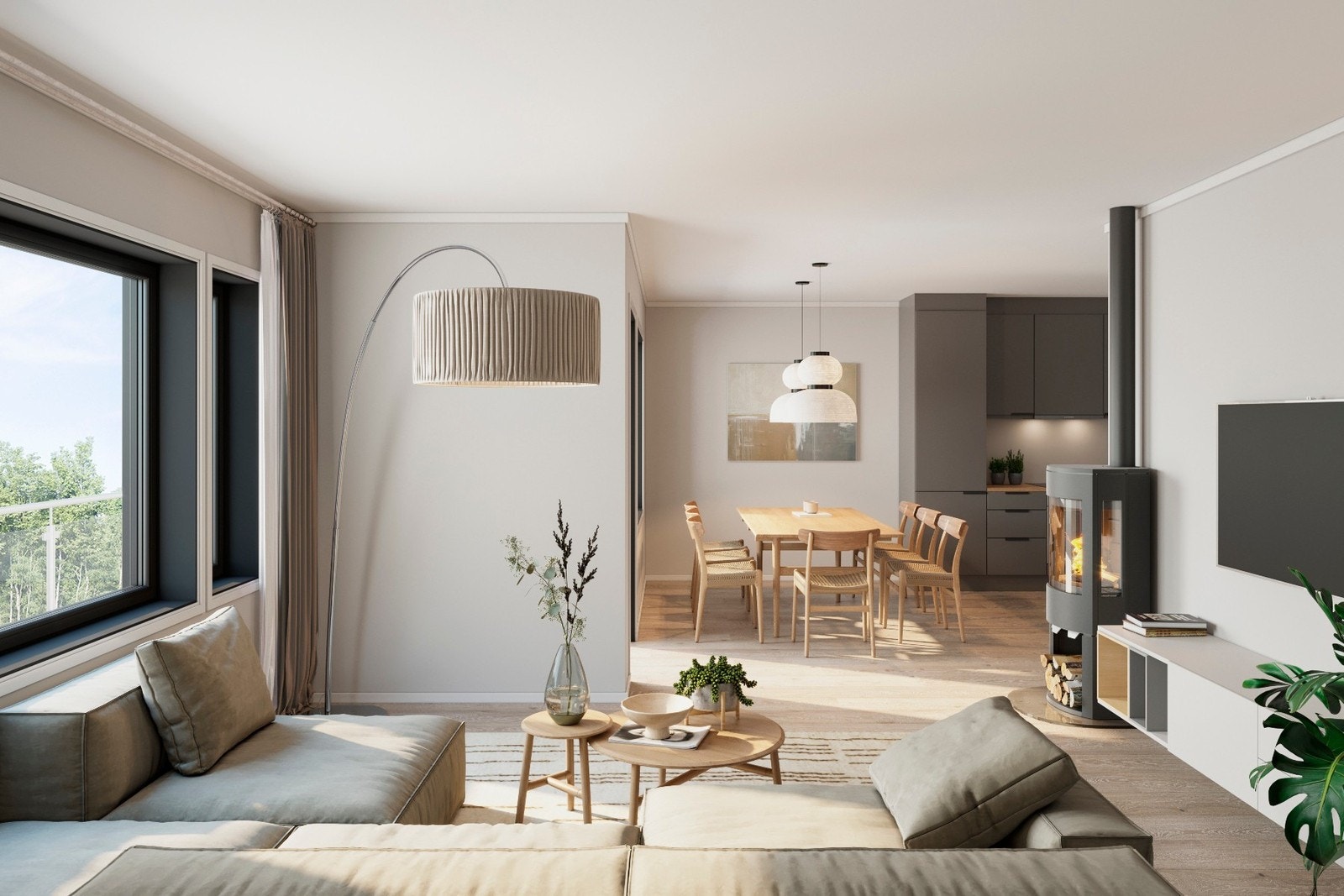 Velkommen inn! Alle leiligheter på Solbakken leveres med egen peisovn. (illustrasjon 4-roms) Galleribilde