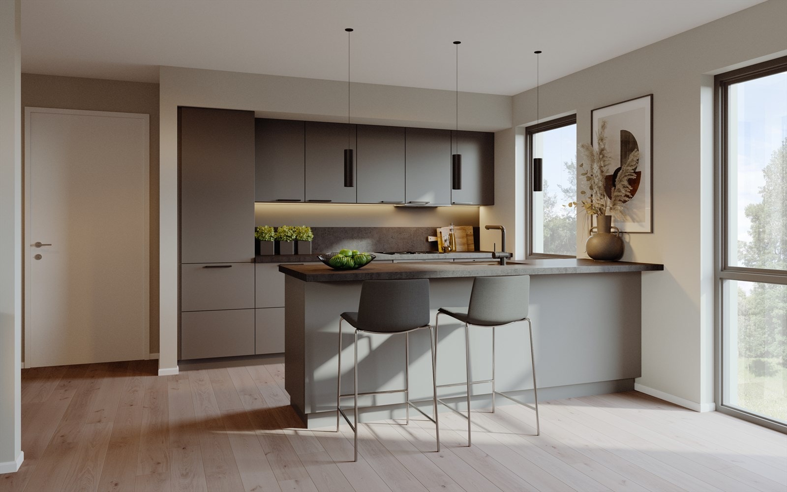 Eksempel på kjøkken med overskap og servant på kjøkkenøy. Eksempelet er fra 2 mannsboligen. ( Illustrasjonsfoto, noe avvik vil forekomme) Galleribilde