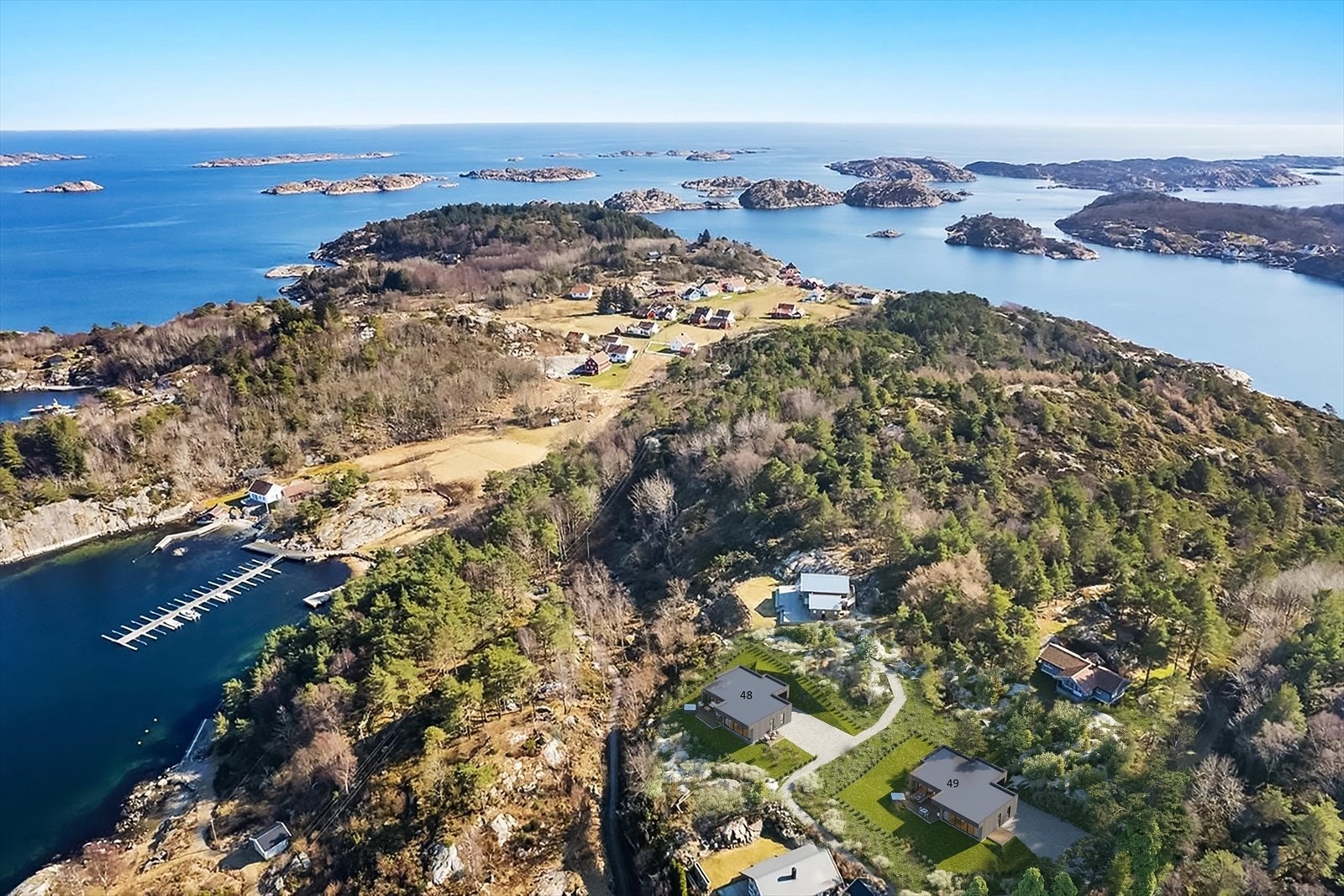 Landøy 48 og 49. Båtanlegget i nordstrandatil høyre i bildet. Galleribilde