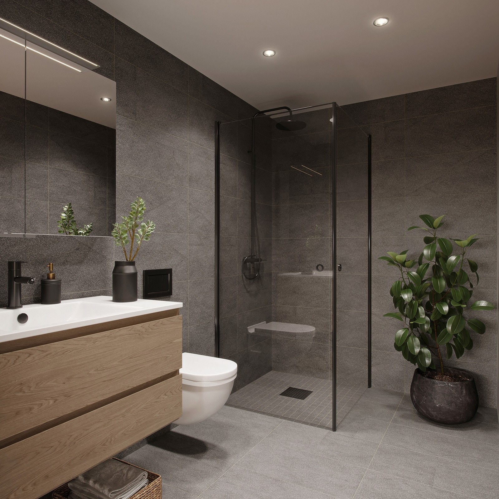 Illustrasjon av en annen leilighet i prosjektet. Bad med stilpakken Urban, avvik fra plantegning kan forekomme. Galleribilde