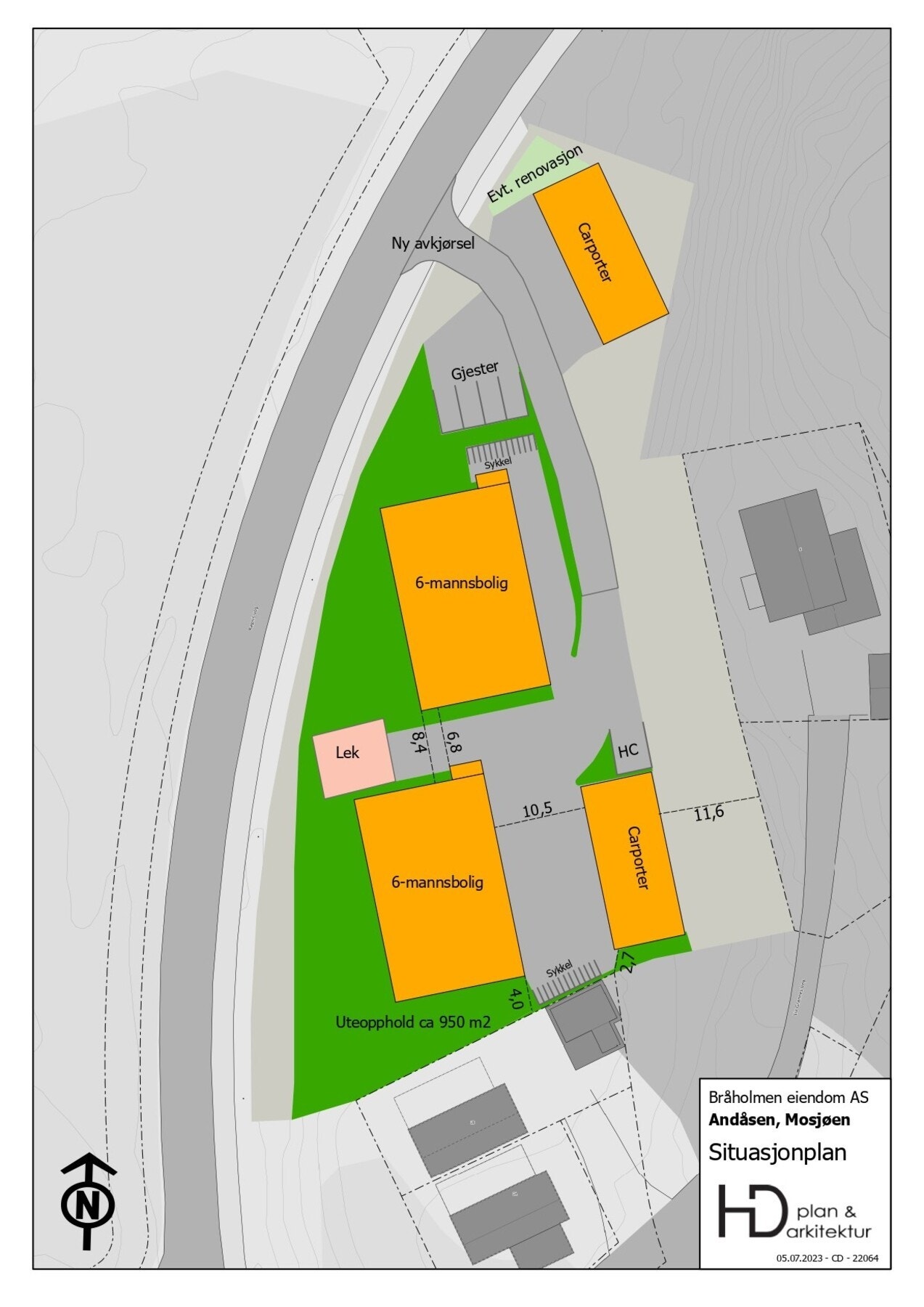 Situasjonsplan med oversikt over carporter, intern adkomst og felles uteoppholdsareal. Galleribilde