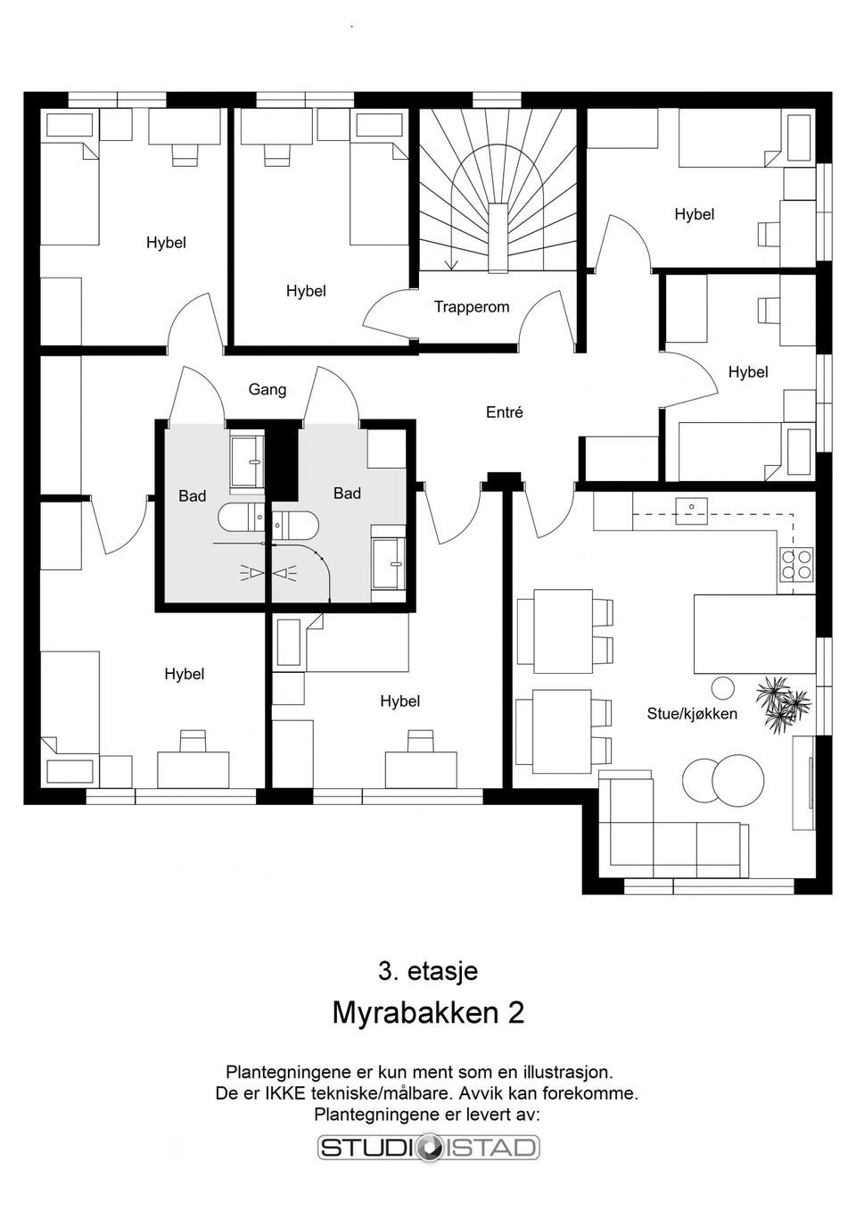Planskisse. Skissen er fra 3. etasje, men 2. etasje er nesten identisk - bortsett fra at dør inn til alle rom er inne fra gangen i leiligheten. Galleribilde