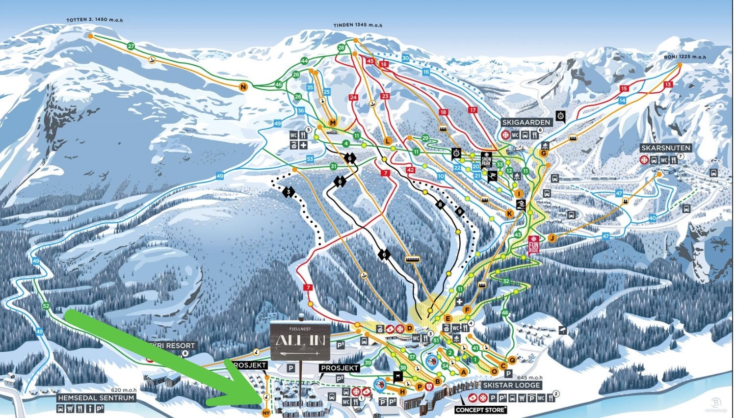 Løypekart med plassering av Fjellnest leilighetene, 50 meter fra ny tilbringerheis (grønn pil) Galleribilde