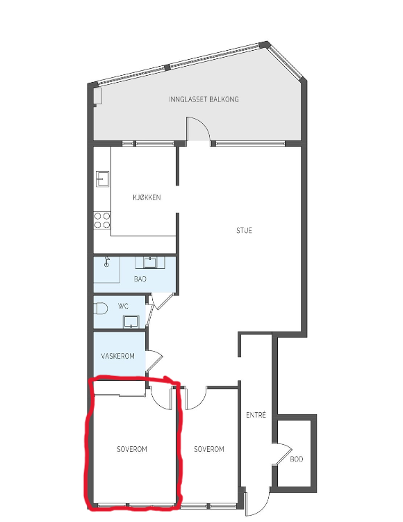 Ledig hybel i rød. Galleribilde