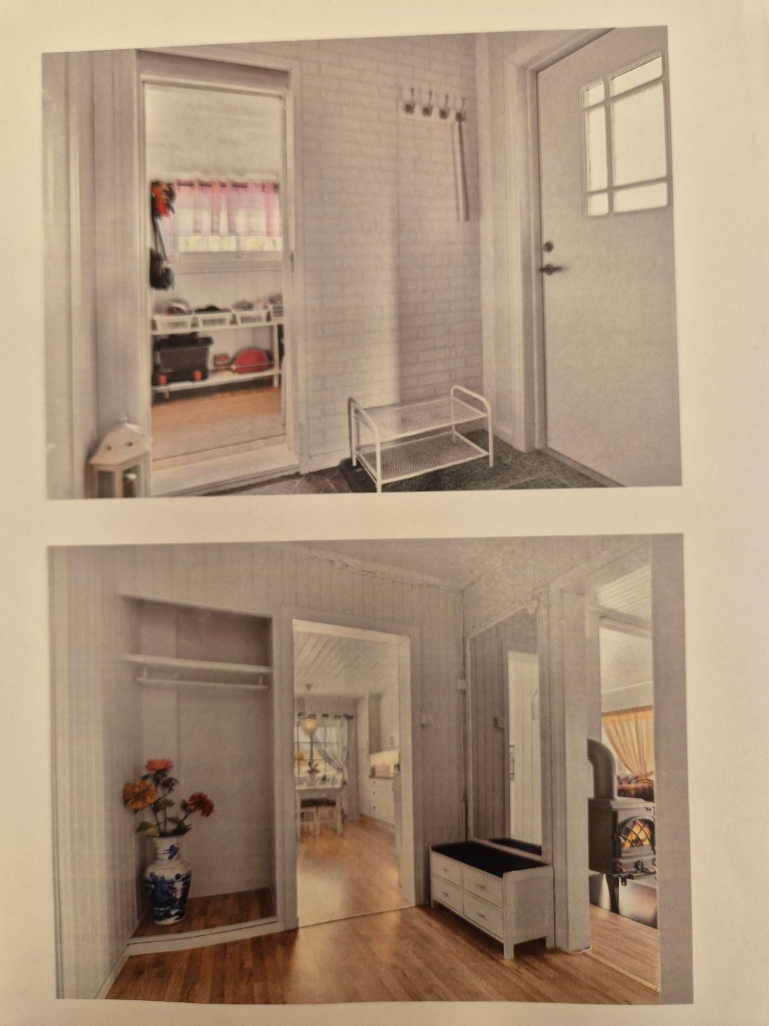 Bilder fra tidligere salgsoppgave for å illustrere. Huset er pr. i dag ikke møblert og klart til innflytting.
Vindfang, garderobe Galleribilde