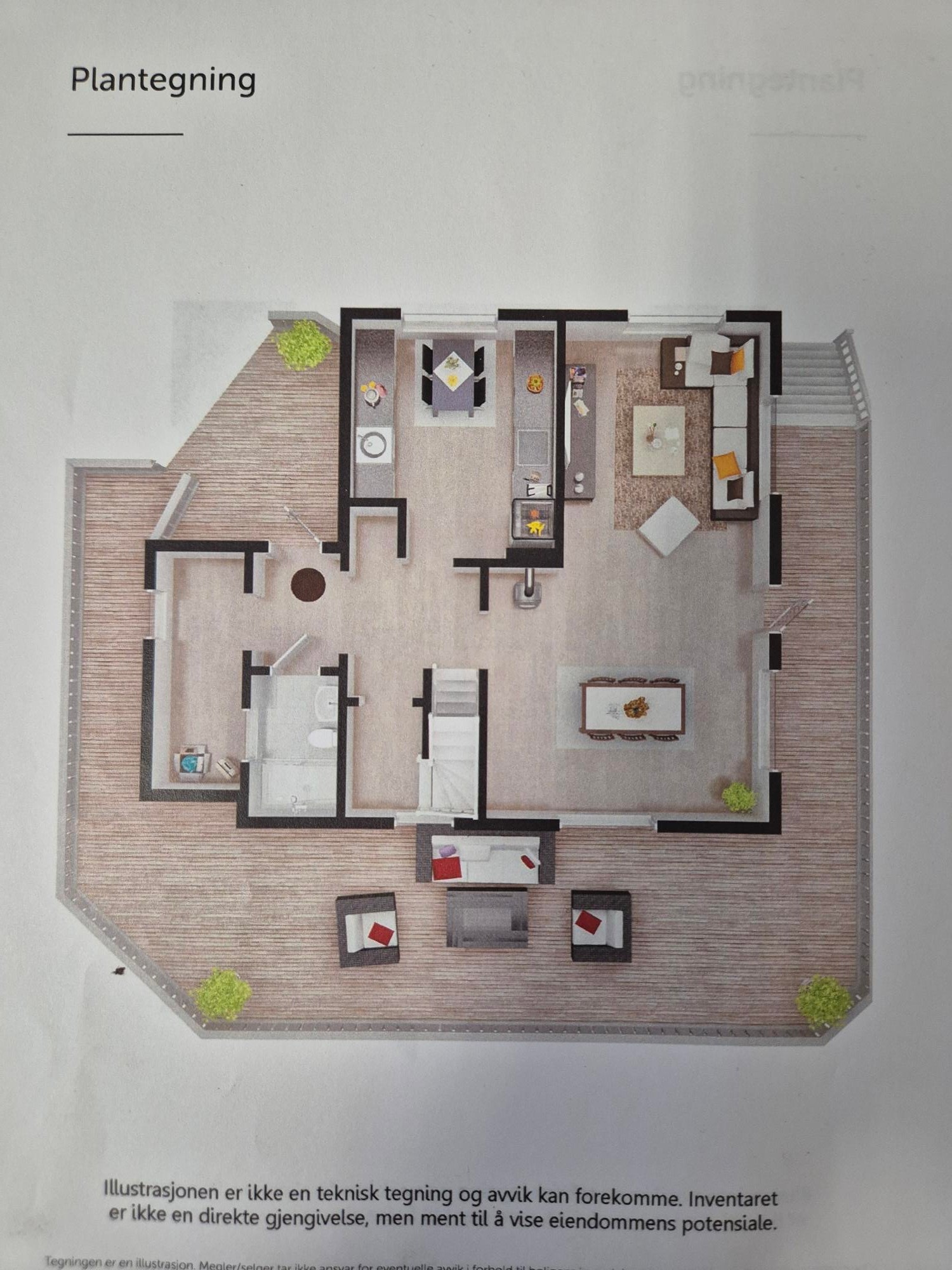 Bilder fra tidligere salgsoppgave for å illustrere. Huset er pr. i dag ikke møblert og klart til innflytting.
1. etasje Galleribilde