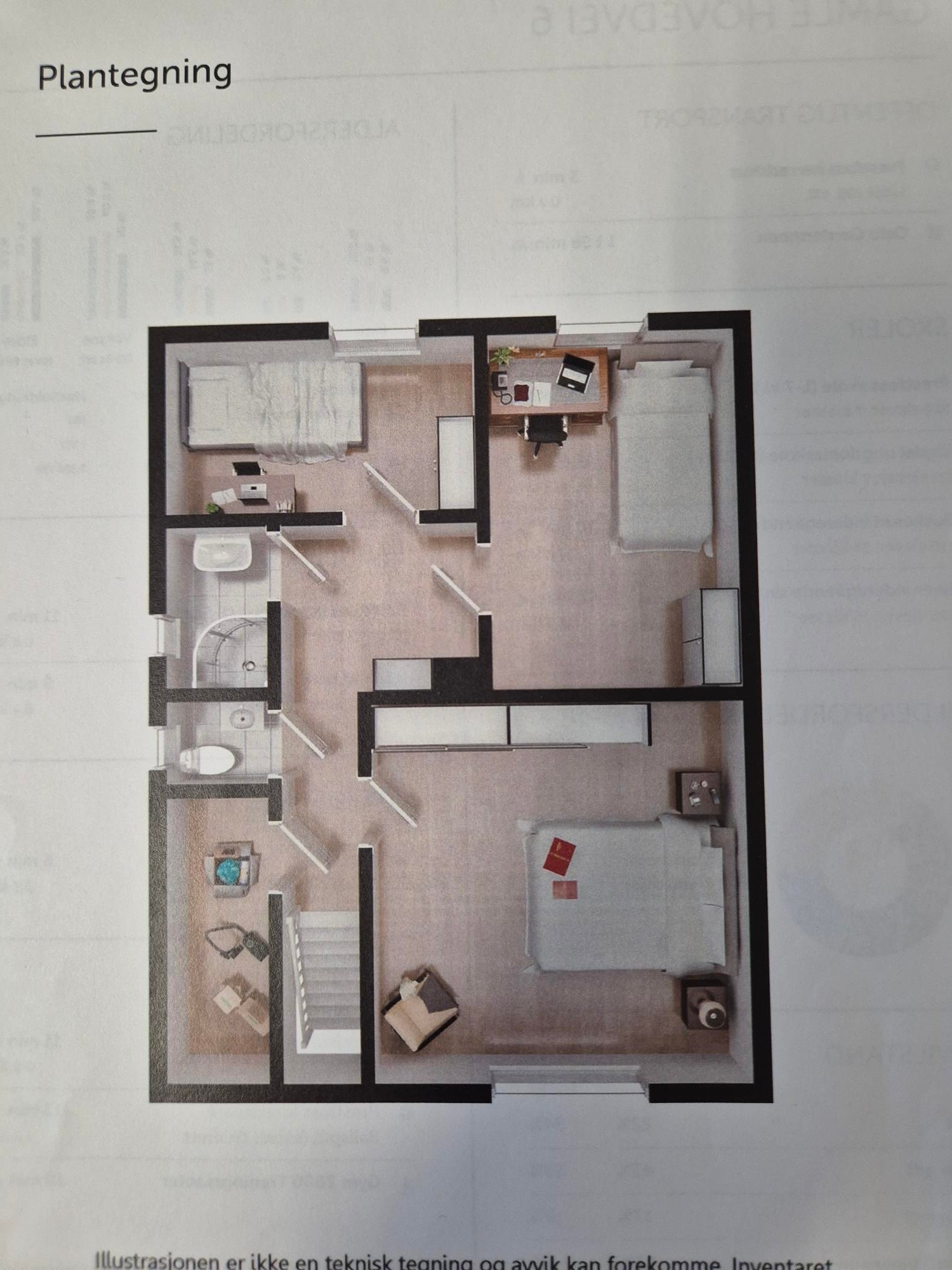 Bilder fra tidligere salgsoppgave for å illustrere. Huset er pr. i dag ikke møblert og klart til innflytting.
2. etasje Galleribilde