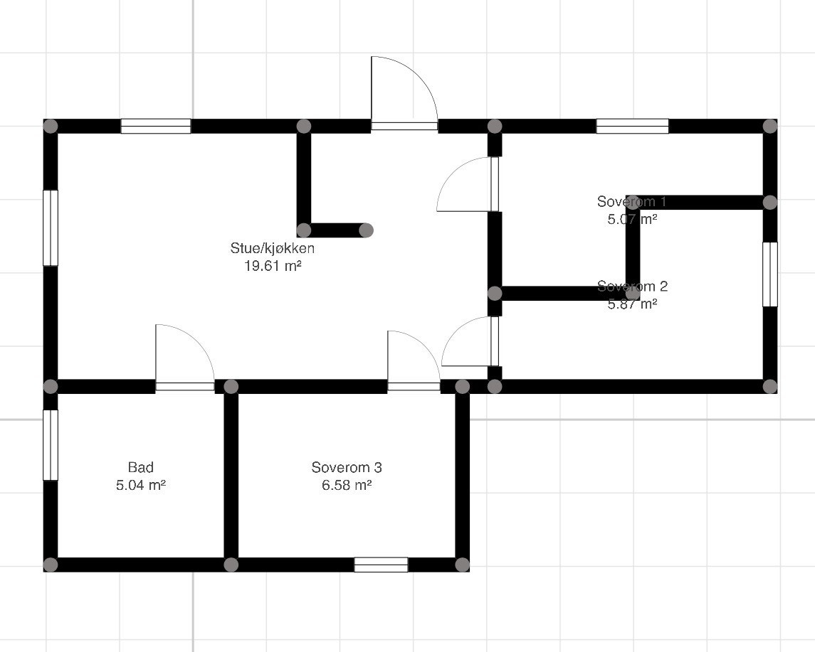 Planløsning (obs. Kvm. Stemmer ikke med bildet. Leiligheten er større enn hva kvm. På tegning sier). Galleribilde