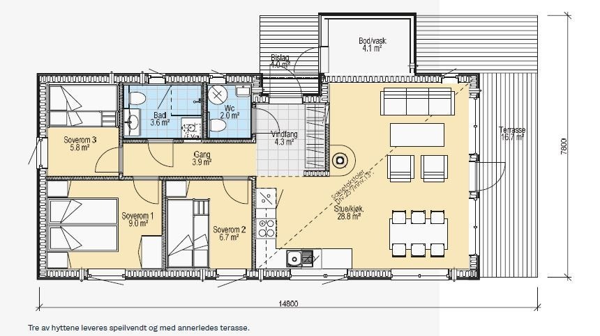 Praktisk planløsning med 3 romslige soverom, bad, separat WC samt åpen løsning stue/kjøkken med ekstra takhøyde. Galleribilde