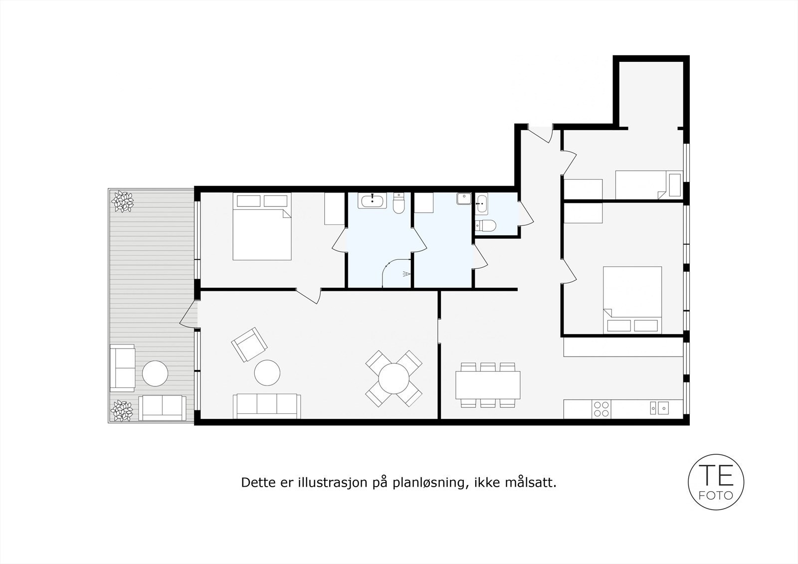 Plantegning - Merk at største soverom til høyra kan omgjøres til to ved oppføring av lettvegg. Det "øverste" soverommet er ikke avbildet i annonsen. Galleribilde