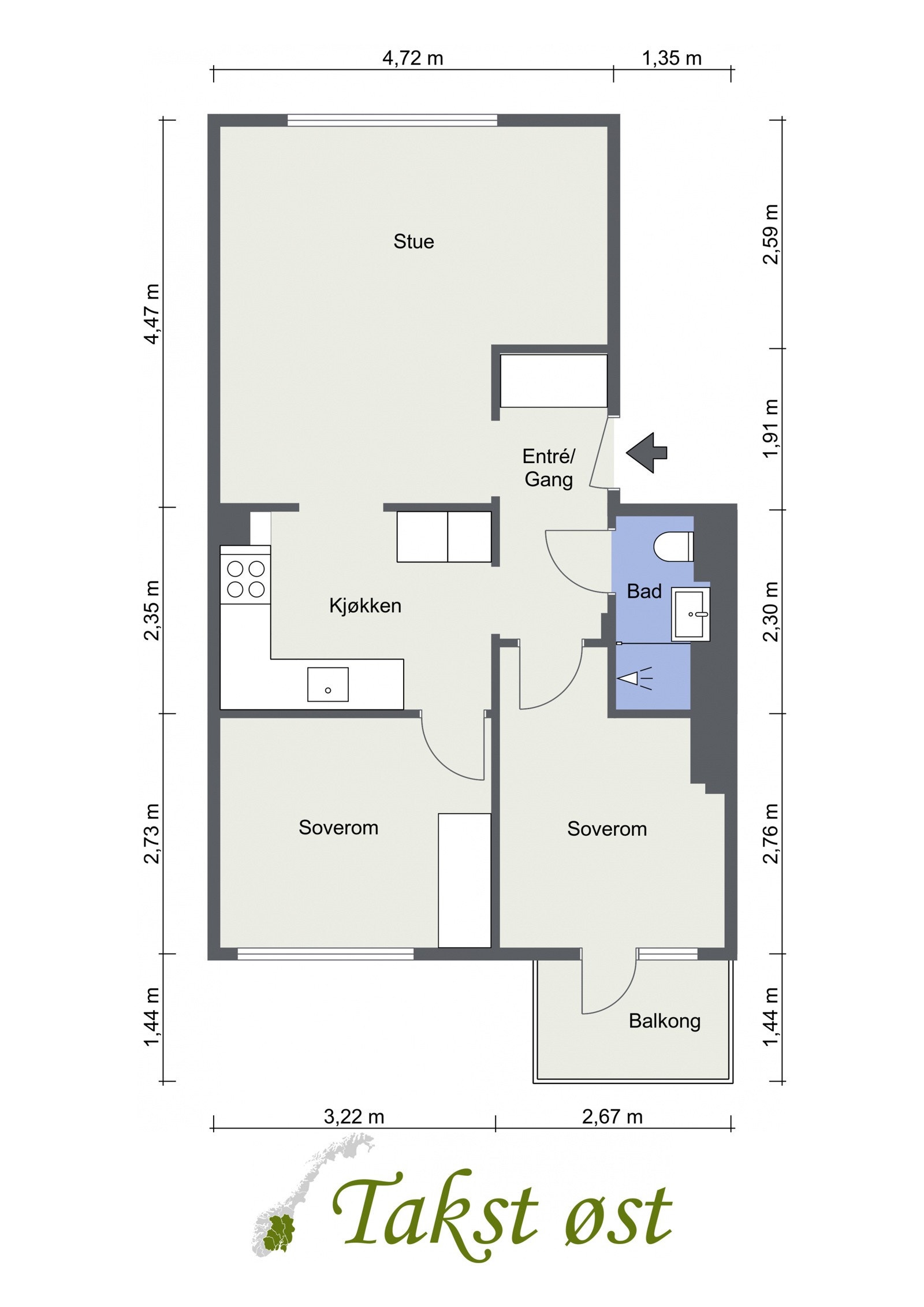 Gjennomgående planløsning, to gode soverom, praktisk fordeling av rommene og separat kjøkken. Hva mer trenger man? Galleribilde