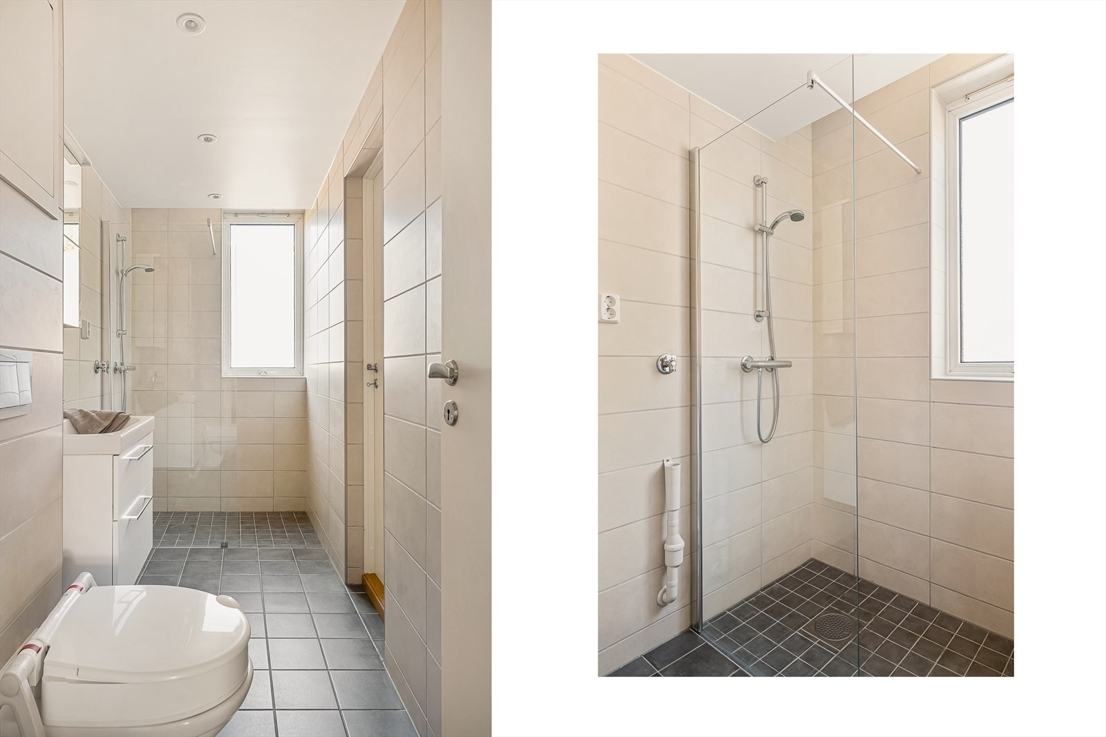 Baderommet var oppusset i 2023 i regi av borettslaget. Et lekkert helfliset baderom med varmekabler i gulv og downlights i himling. Galleribilde