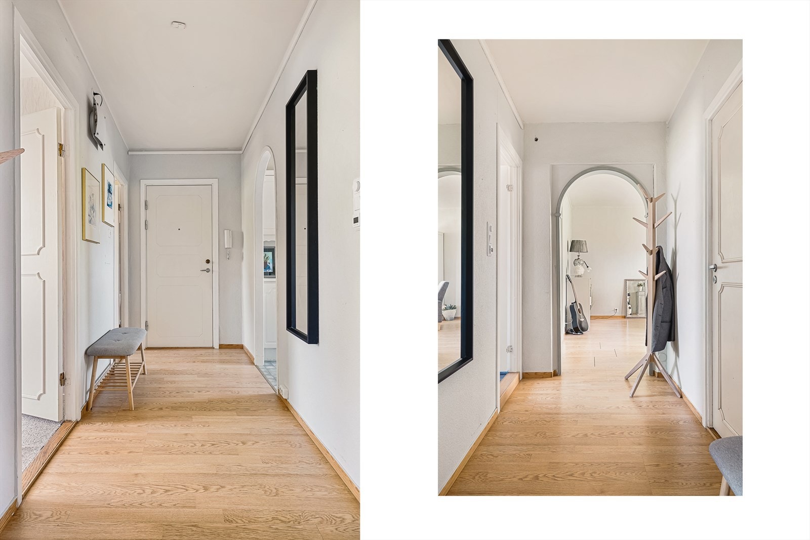 Velkommen inn! Gangen er romslig og forgrener seg videre til alle leilighetens rom. Her er plass til oppheng av yttertøy og plassering av sko. Galleribilde