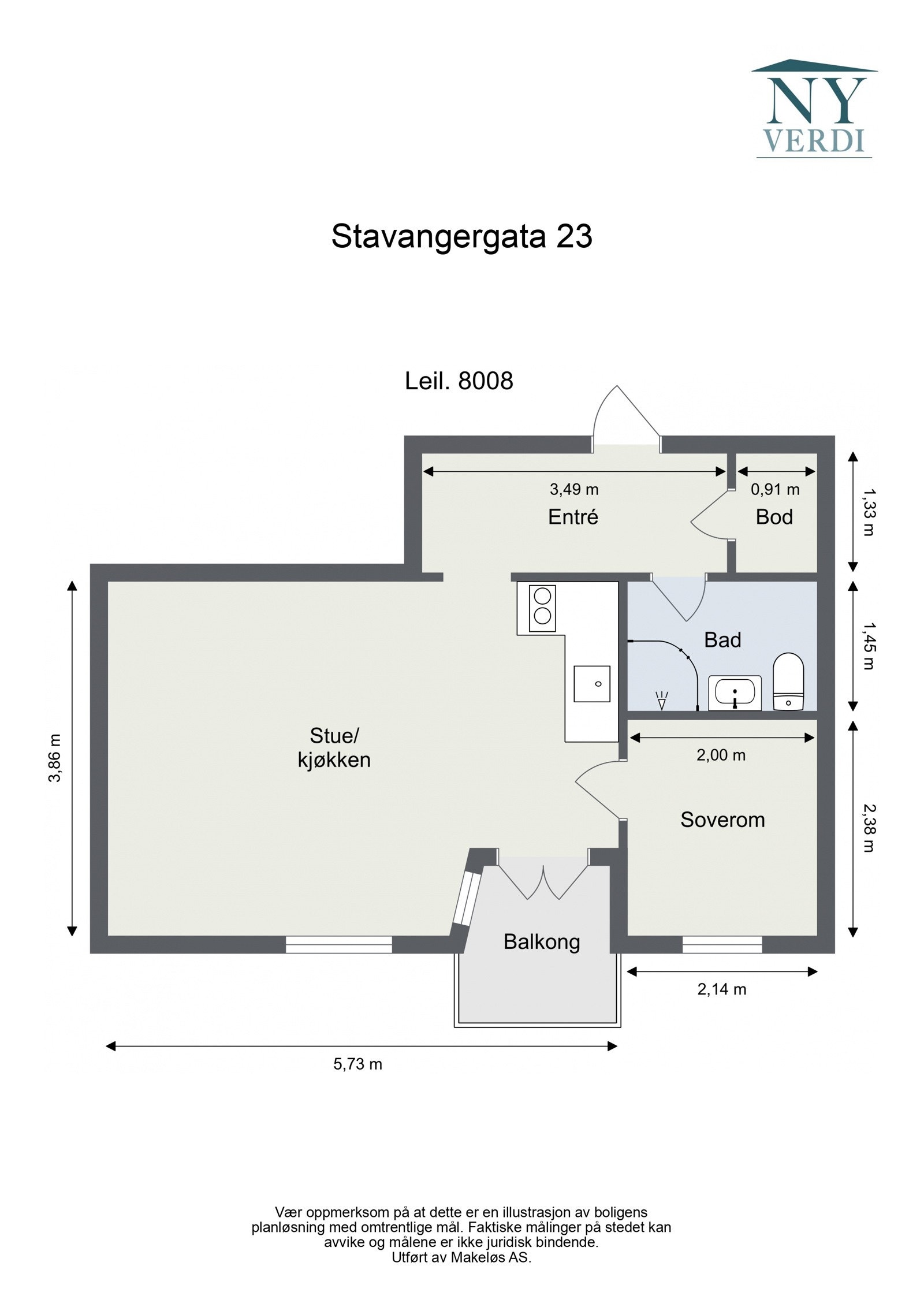 Plantegning. I tillegg har leiligheten tilgang til en ekstern bod på ca. 1,2m². Heis i bygget. Galleribilde