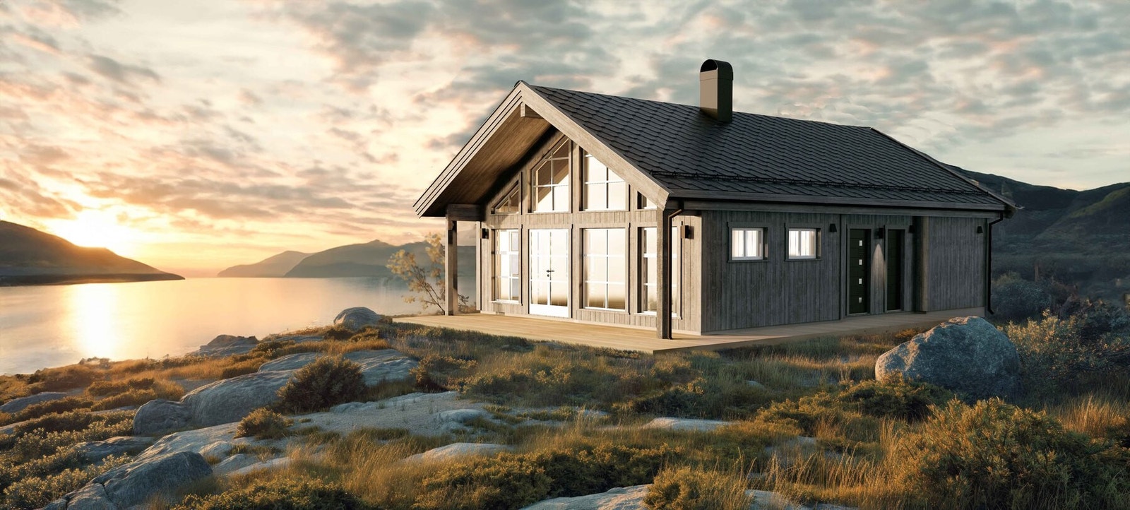 Vår nye hyttemodell Frøya 75 har alt man ønsker seg av en moderne hytte! Dette er en illustrasjon og kan avvike fra priset modell Galleribilde