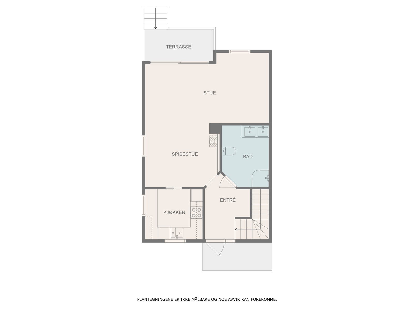 Omvisningen starter i hovedetasjen som er 2. etasje. Her er stue, kjøkken, bad og gang. Galleribilde