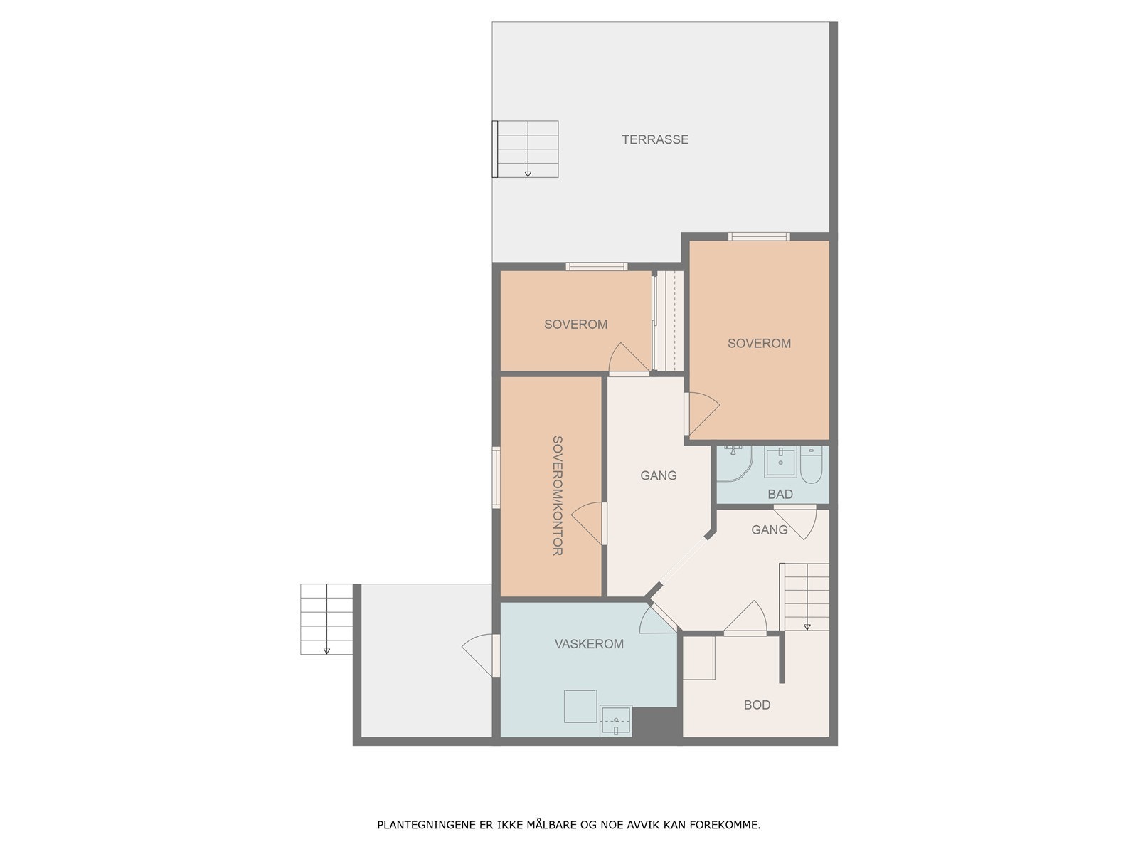 Omvisningen fortsetter i underetasjen. Her er 3 soverom, vaskerom, bad, gang og bod. Galleribilde