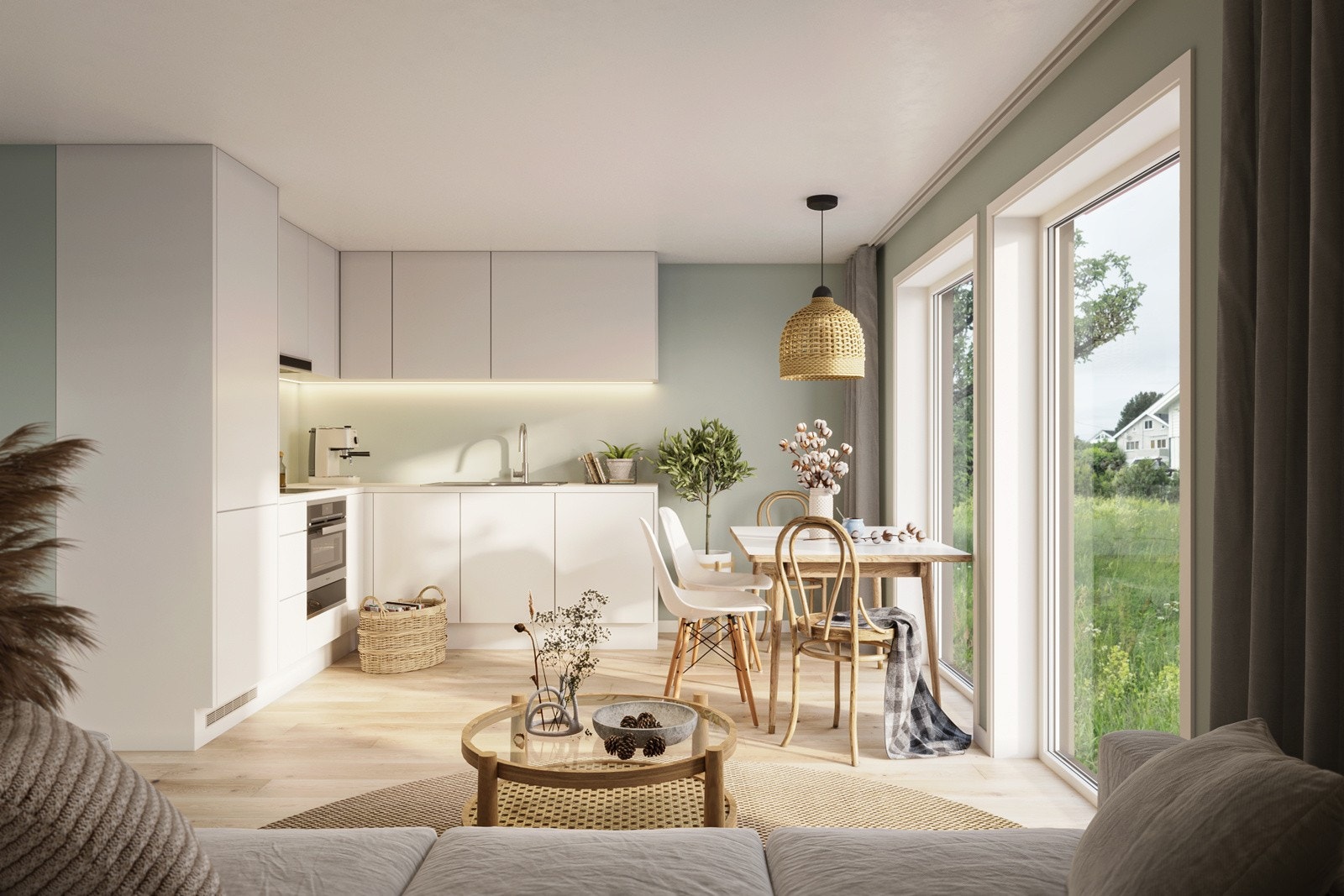 Illustrasjon av stue/kjøkken. Galleribilde