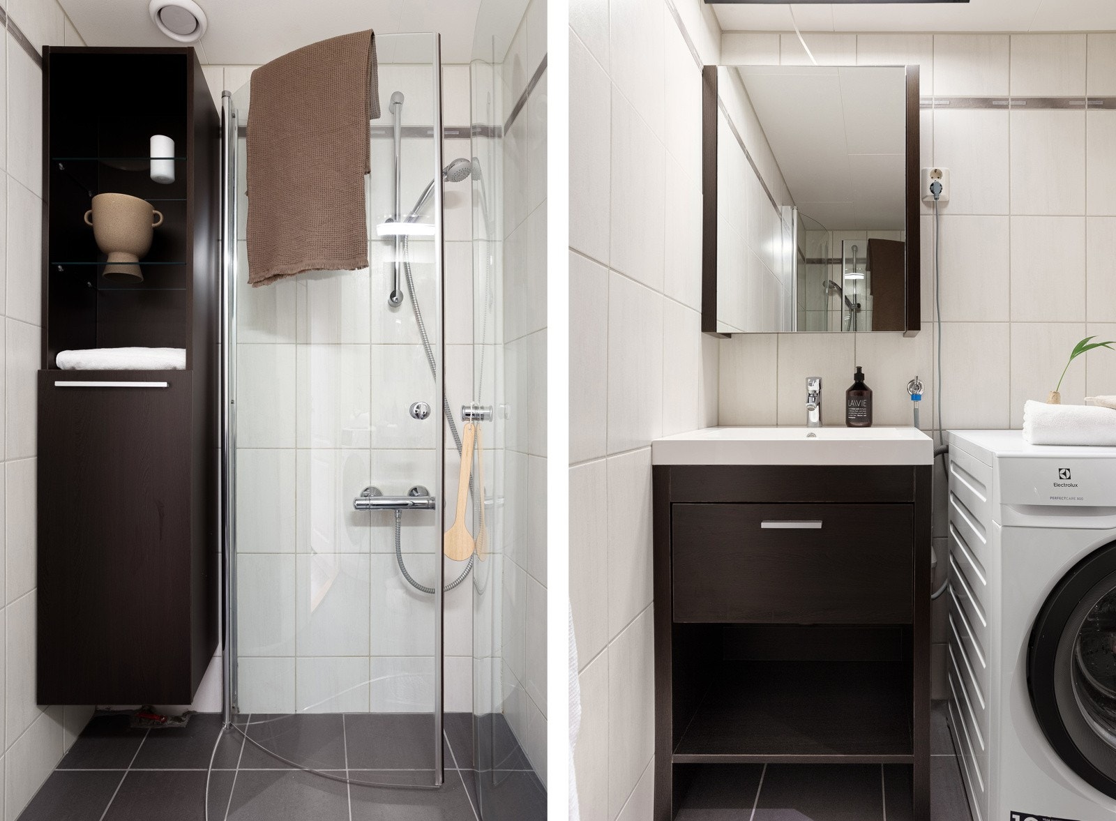 Badet er innredet med baderomsmøbel og dusj m/glassvegger. Galleribilde
